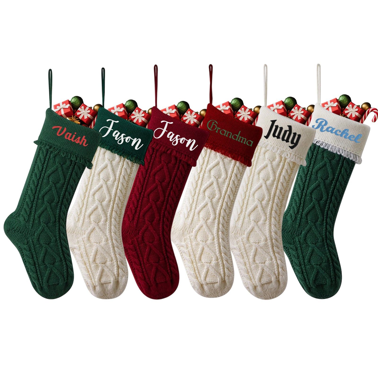 7 divertenti calze di Natale personalizzate fai da te da 45 cm con nomi ricamati, grandi calze natalizie lavorate a maglia per caminetto rustico da appendere ornamento da appendere