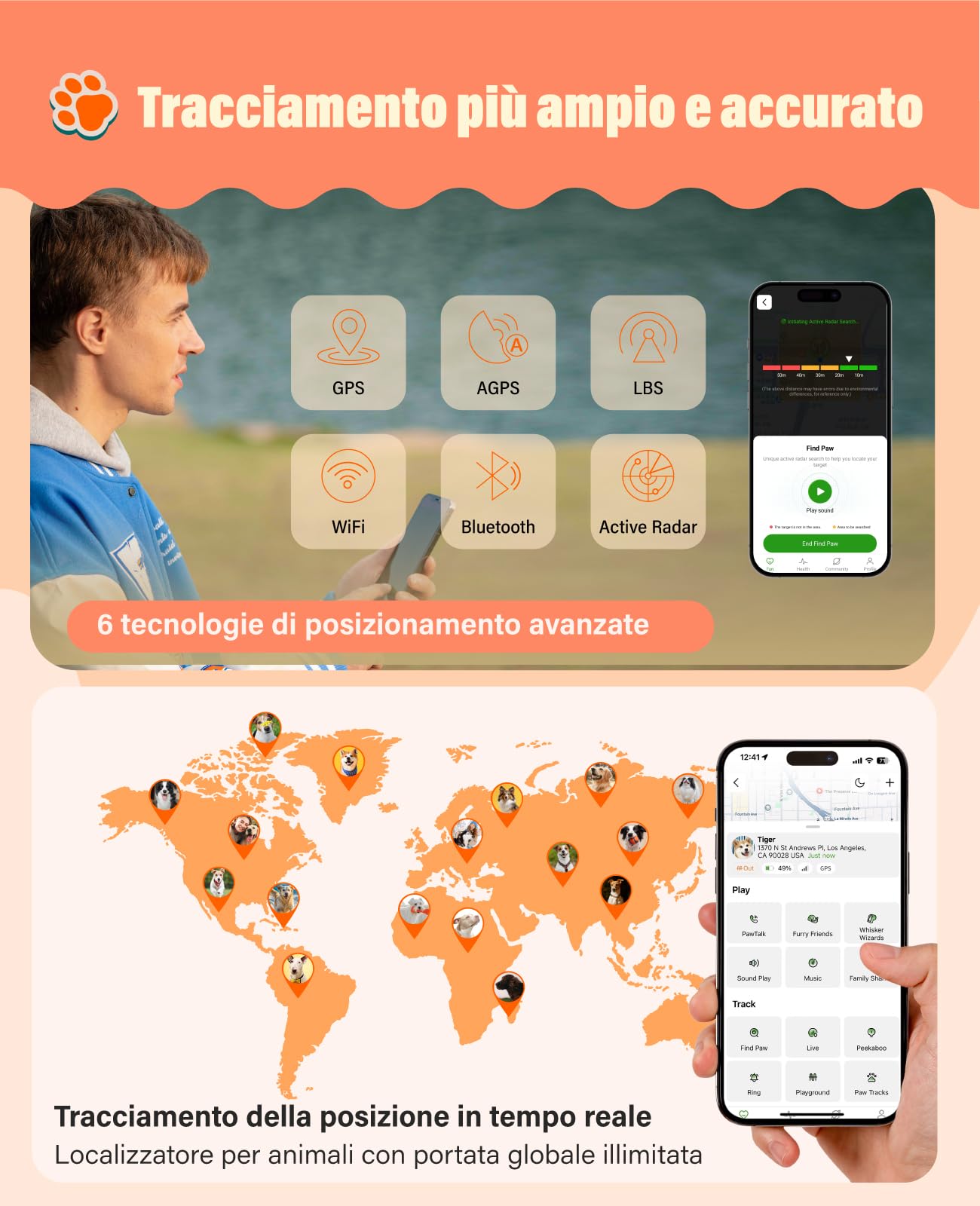 GlocalMe PetPhone, GPS Tracker per cane e gatto, chiamata bidirezionale, posizionamento globale, tracciamento in tempo reale, monitor della salute, mini GPS Tracker con abbonamento di 30 giorni