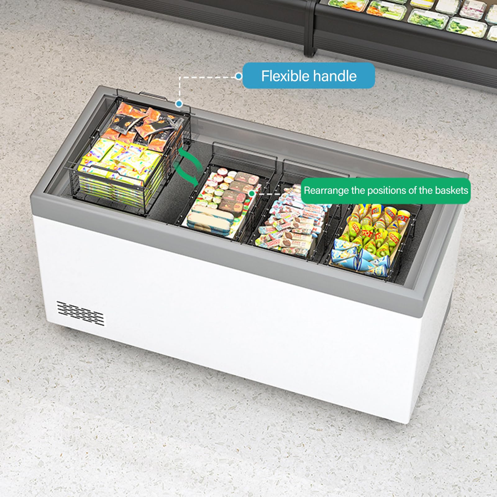 Erweiterbarer Gefriertruhe Behälter, stapelbar, längenverstellbar, Metallrahmen, ergonomischer, Kühlschrank Aufbewahrungskorb, Verstellbarer Gefrierschrank Organizer