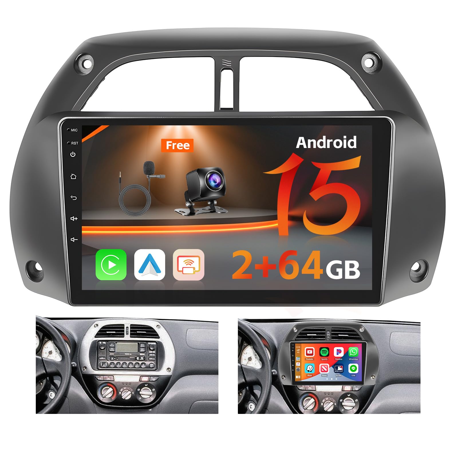 Autoradio Android 9 Pouces Pour Toyota RAV4 2001-2006 - 4G+128G, Carplay Sans Fil, GPS, Caméra De Recul
