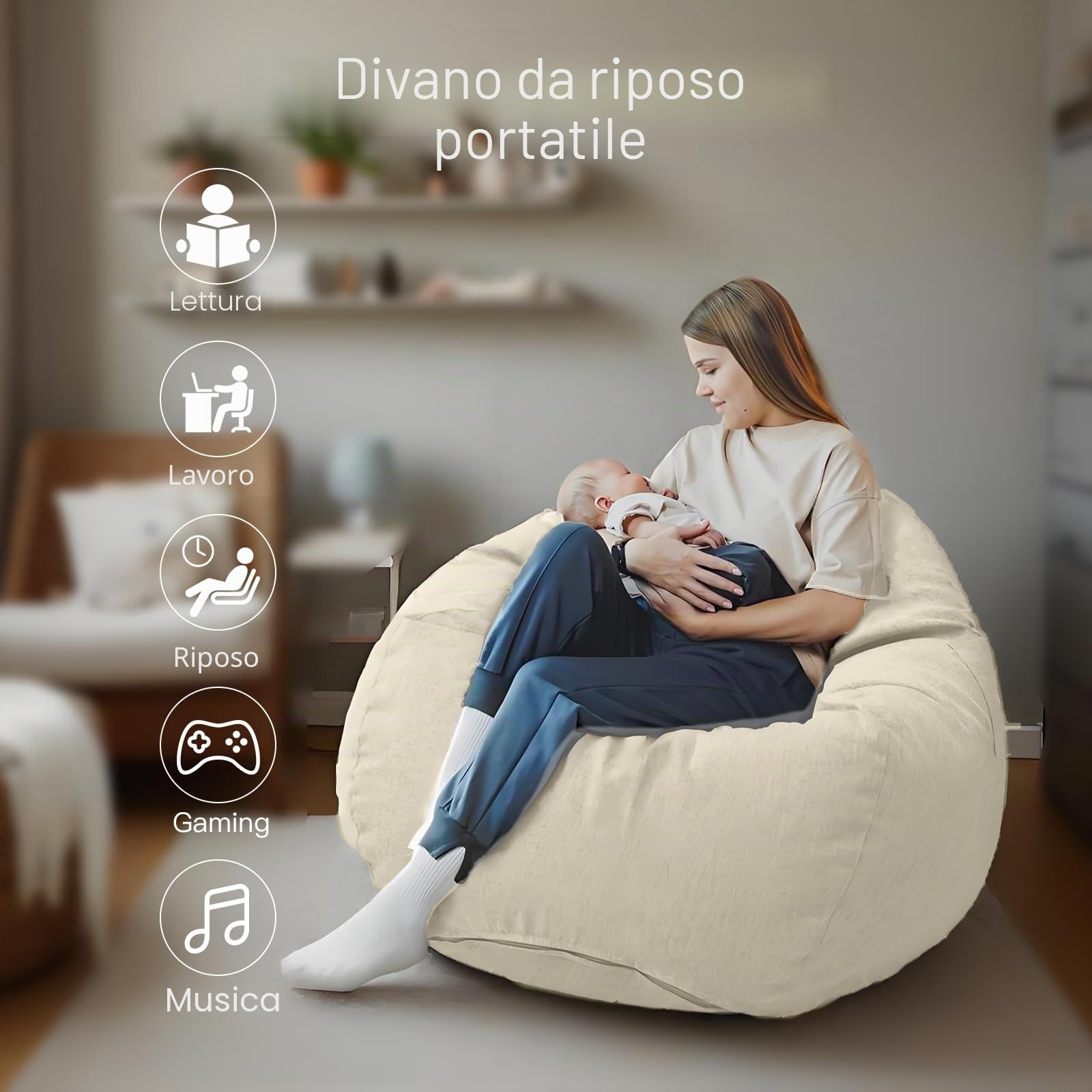 Pouf per bambini e adulti, solo rivestimento (senza imbottitura), sedia a sacco per camera da letto, ufficio, soggiorno, terrazza (beige)