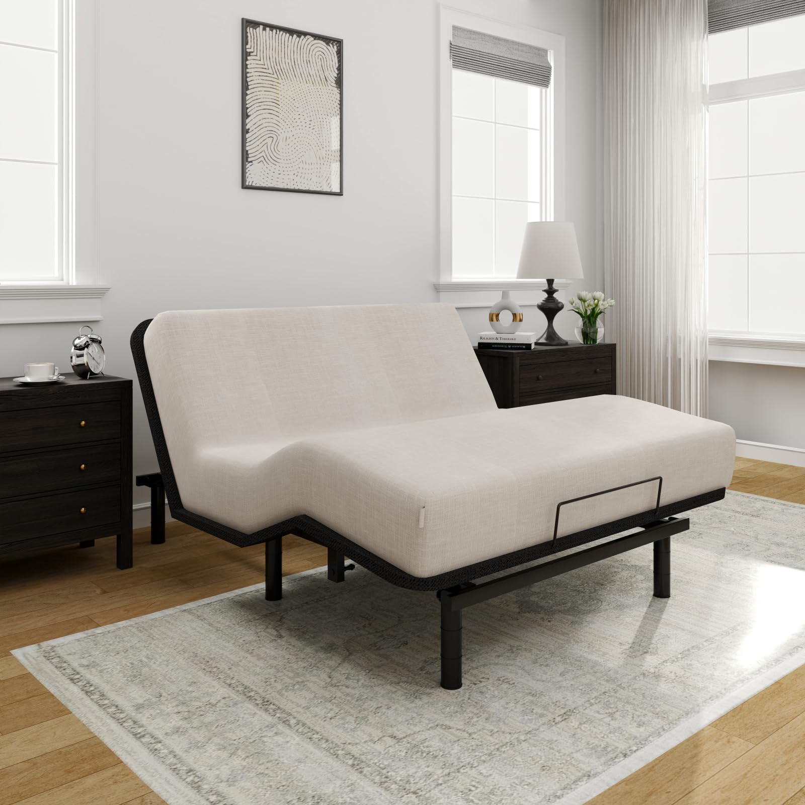 FLEXISPOT Queen Adjustable Bed Frame Base,Segmented Design,Easy Assemble,Oxford Fabric Bedspread,Wired Remote,Whisper Quiet Durable Motor,Mattress Holder, No Box Spring.