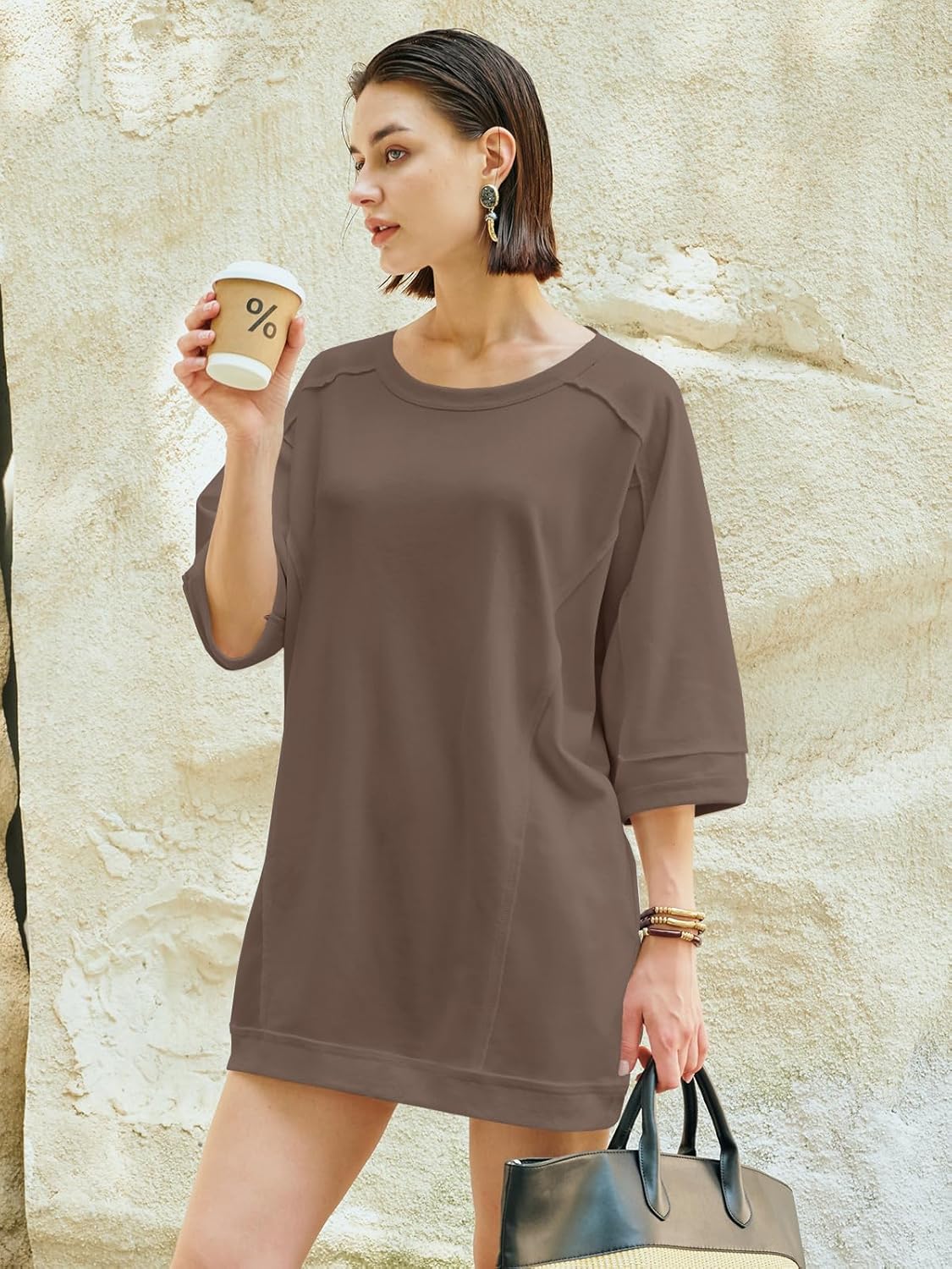 Nirovien Women's Oversized Sweatshirt Dress 3/4 Sleeve Crewneck Tunic Sweatshirts Casual Long Pullover with Pockets - Image 5