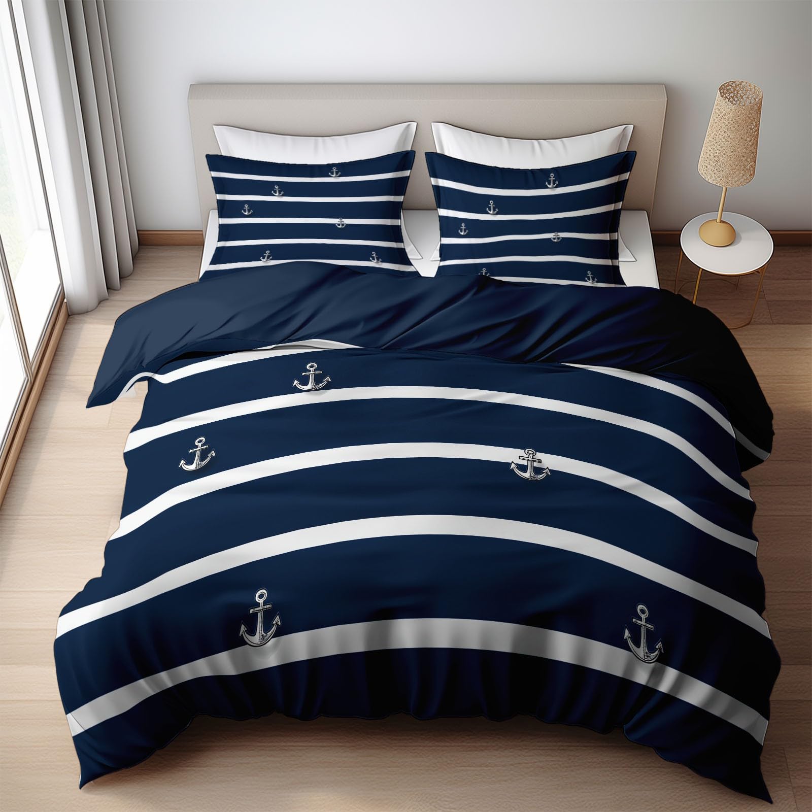 Housse de Couette Bleu Marine Blanc Rayures Parures de lit 220 x 240 cm Garçons Filles Adulte Ado, Parure de Lit Microfibre