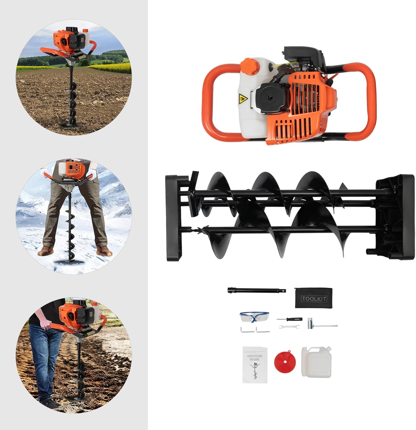 52cc 2.3 Hp Earth Drill String Excavator, 4 "6 "8" Cutter Head, Spiral Column Excavator, Suitable For Tree Planting Holes, Fence Piles, Greenhouse Piles, Cable Pole Piles, Tree Fertilization Piles