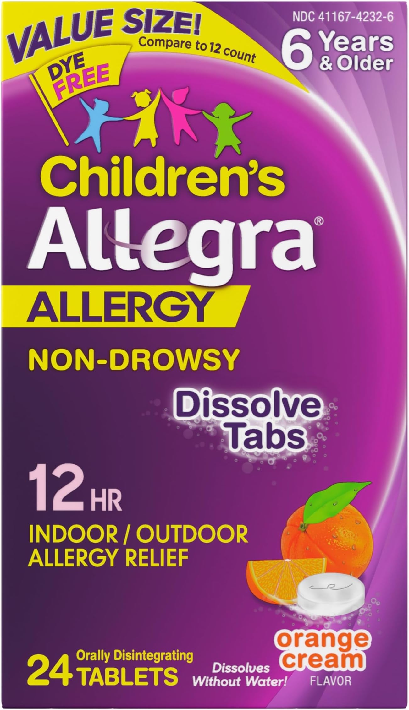 Children's 12-Hour Allergy Relief Orally Dissolving Tablets, Non-Drowsy Indoor and Outdoor Allergy Medicine, 30 mg Fexofenadine HCI Antihistamine for Kids, Orange Cream Flavor, 24-Count