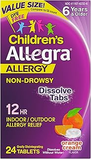 Allegra Children's 12-Hour Allergy Relief Orally Dissolving Tablets, Non-Drowsy Indoor and Outdoor Allergy Medicine, 30 mg Fexofenadine HCI Antihistamine for Kids, Orange Cream Flavor, 24-Count