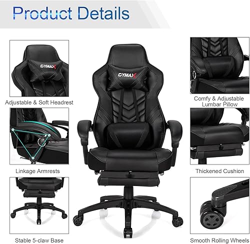 Miniatura 4 de GYMAX Silla para videojuegos, silla ergonómica para computadora con reposapiés, reposabrazos de enlace y cojín lumbar, silla grande y ancha