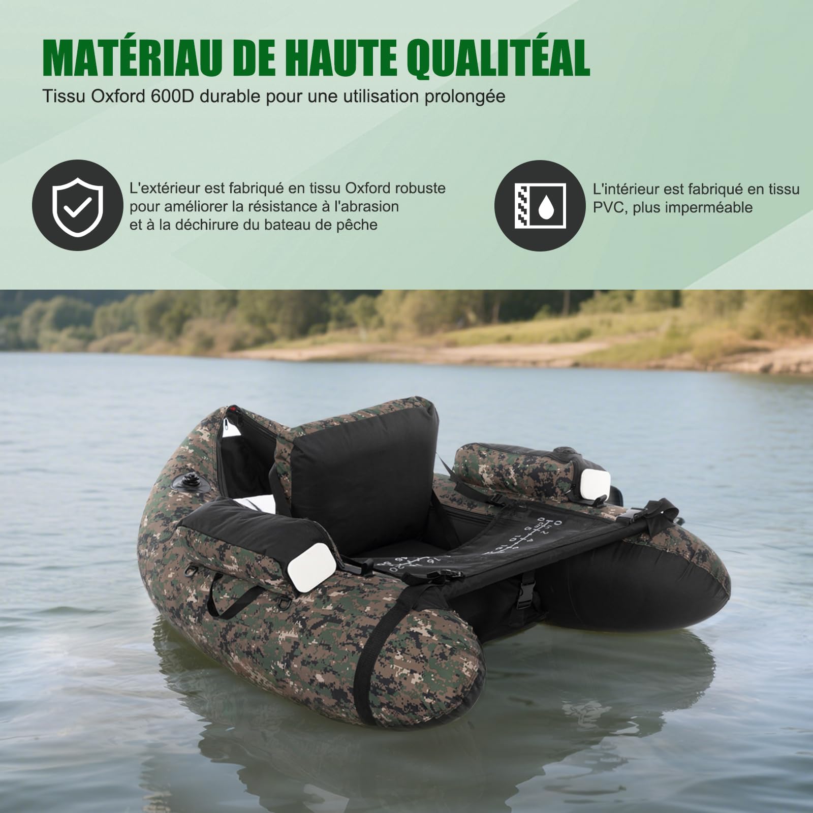 LEADZM Bateau de Pêche Gonflable Camouflage, Float Tube avec Pompe, Support de Canne Peches, Sangles Réglables, Sac de Rangement, Capacité de Charge 150 kg