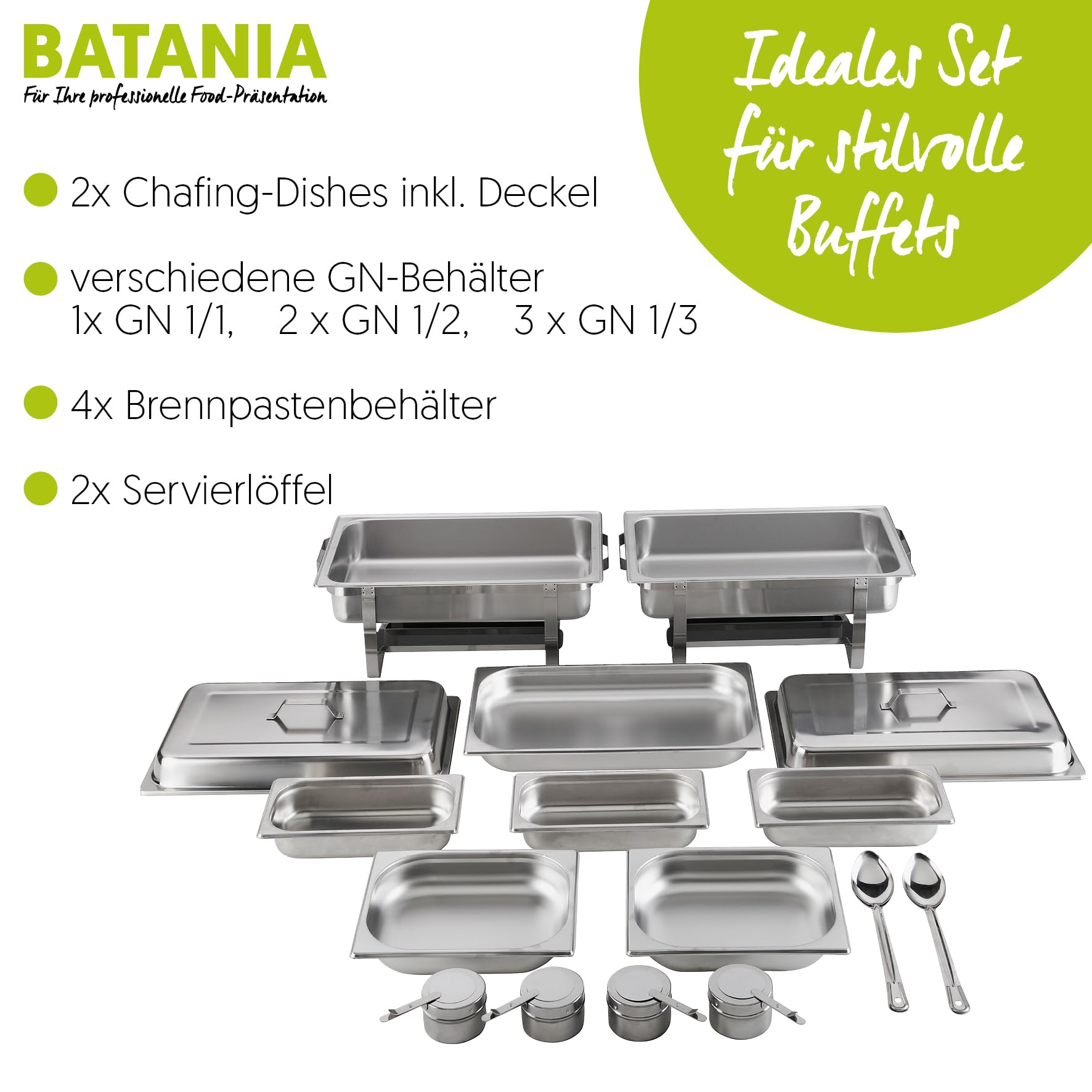 2 Chafing Dishes/Speisewärmer, 14-teilig, Gastronomiequalität, Edelstahl – Robuste Wärmebehälter für Buffet, Catering und Grillabende