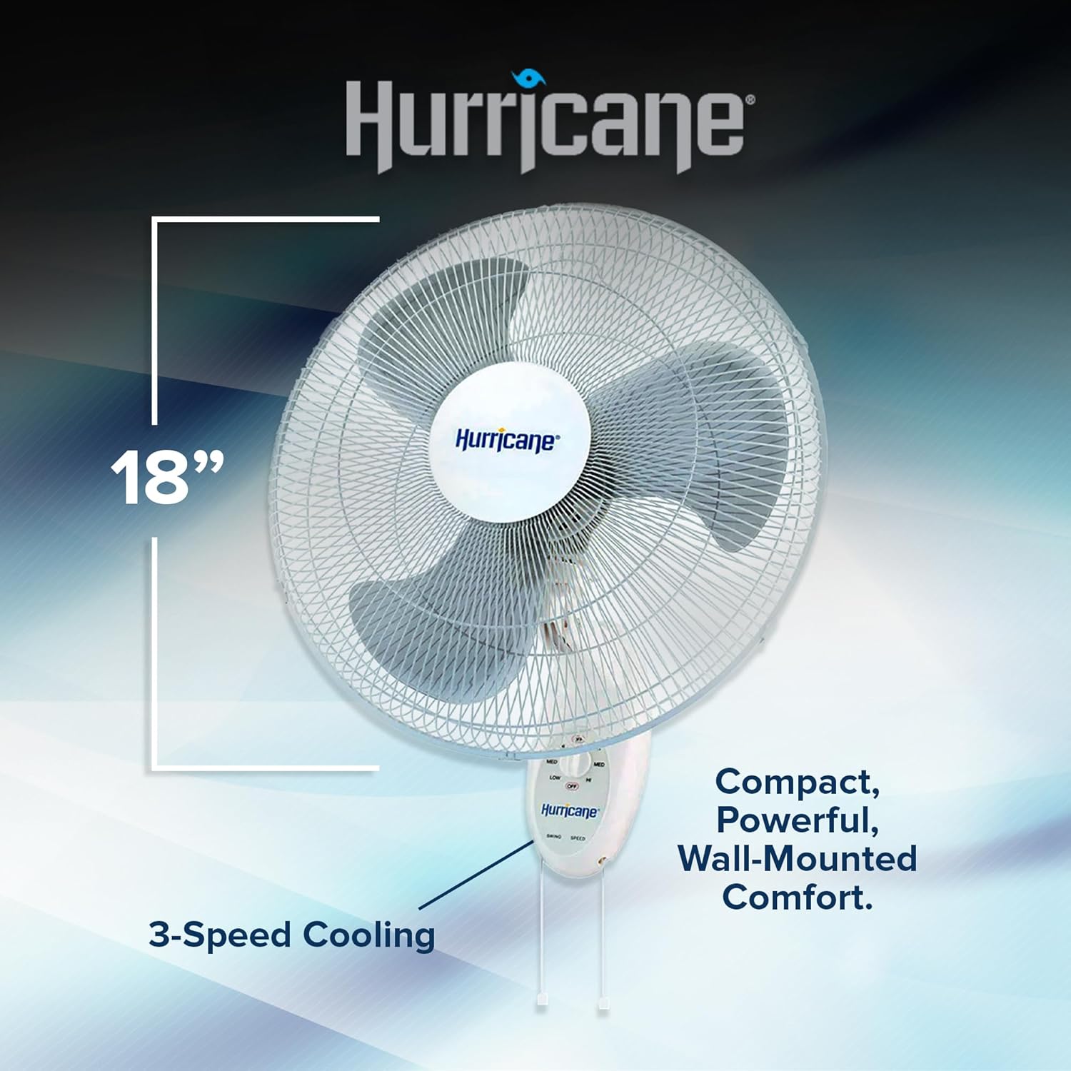 Hurricane Supreme 18 Inch 90 Degree Oscillating Indoor Wall Mounted 3 Speed Fan with Adjustable Tilt and Pull Chain Control, White (2 Pack)