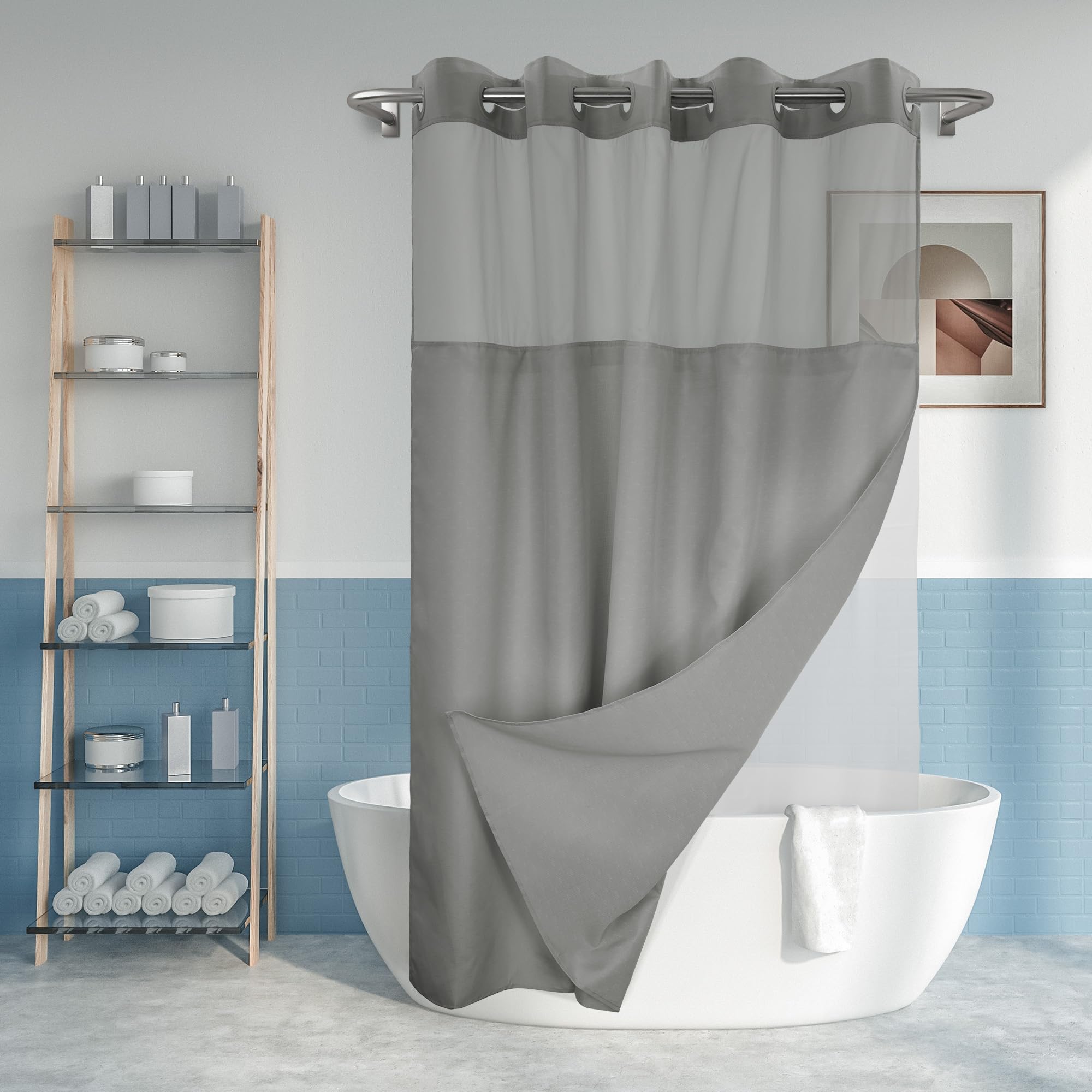 No Hook Slub Textured Shower Curtain with Waterproof PEVA Liner Set, 71" x 74"(72"), Hotel Style with See Through Top Window