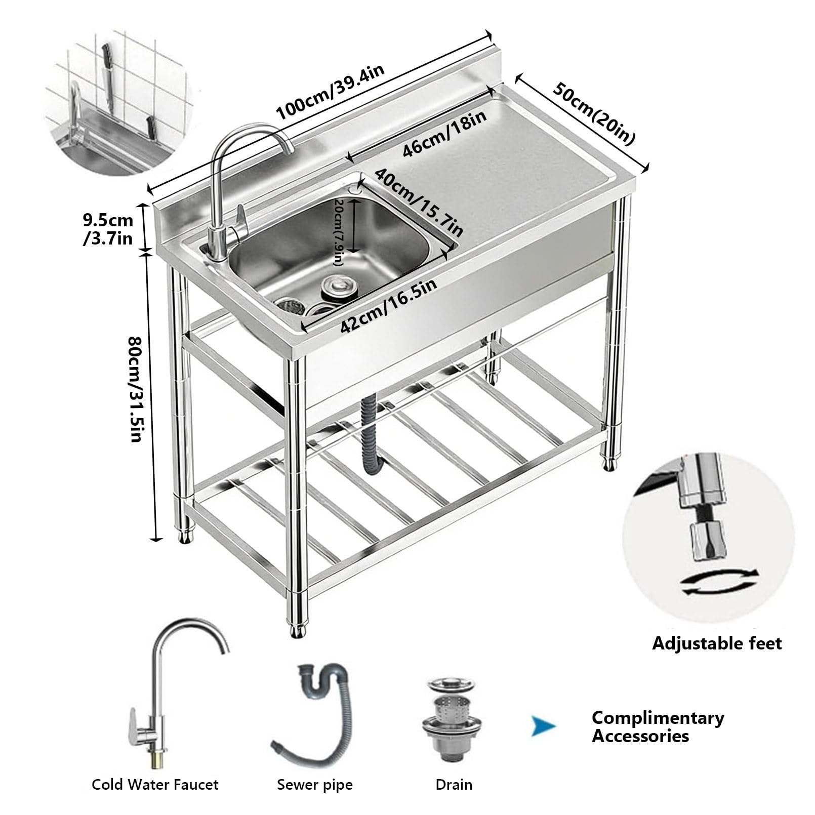 Évier Utilitaire autoportant en Acier Inoxydable, évier Commercial à Une cuve avec Plan de Travail, étagère de Rangement, Robinet d'eau Froide et Porte-Couteaux pour Restaurant, GA