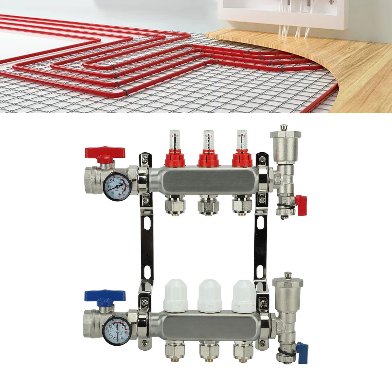 EMUKOEP Colector de Calor Radiante de 3 Bucles con Medidor de Flujo de Alta Precisión, Manómetro, Kit de Colector de Calor para Piso G1in