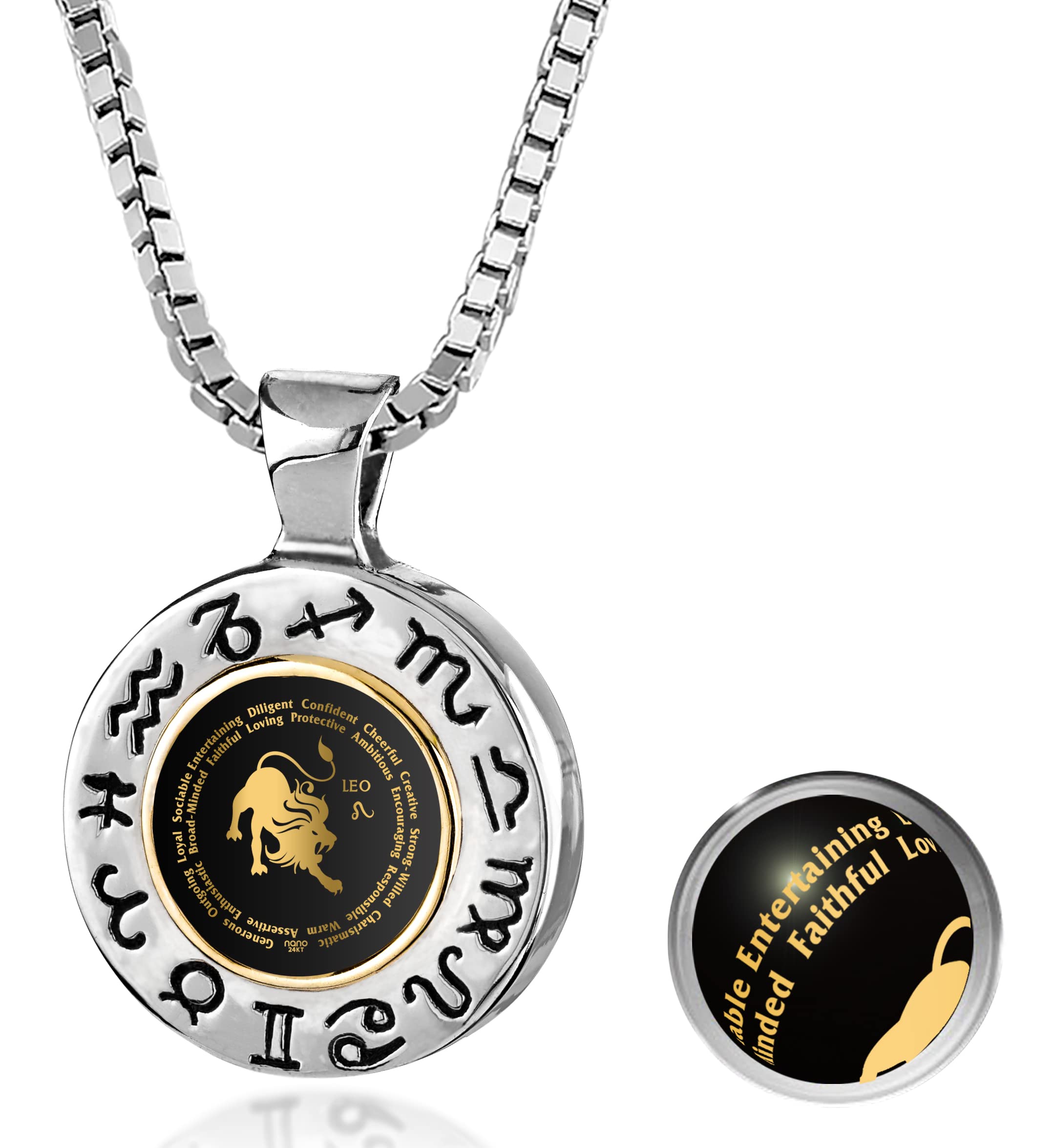 925 Sterling Silver Zodiac Necklace Engraved Astrology Symbol Pendant for Men or Women 24k Gold Inscribed with Star Sign and Personality Characteristics in Miniature Text on Black Onyx, 20" Chain