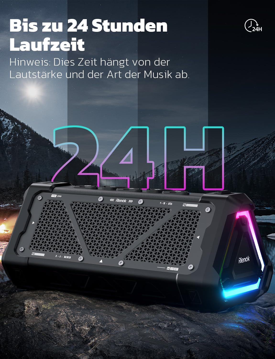 RIENOK S11 Bluetooth Lautsprecher 30W Musikbox mit EQ Modus USB IPX7 Bluetooth Box 24h Akku Tragbarer Lautsprecher mit Licht Bass für Phone Party Outdoor Strand Park Fahhrad