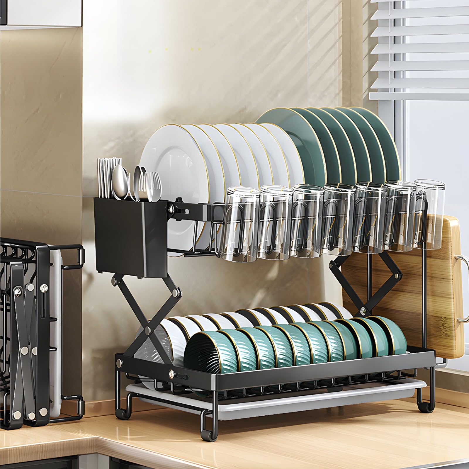 Dish Drying Rack, Large Capacity Foldable Cutlery Holder- Double Dish Organizer for Kitchen/Heavy Duty and Stable Utensil Holder, Rustproof Cup Drying Rack, Modern Design Dish Drainer for Kitchen.