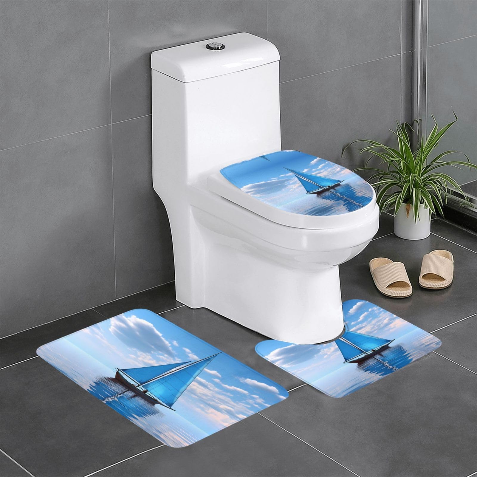 Tapis de bain voilier bleu en lot de 3 pour transformer l'ambiance marine de votre douche