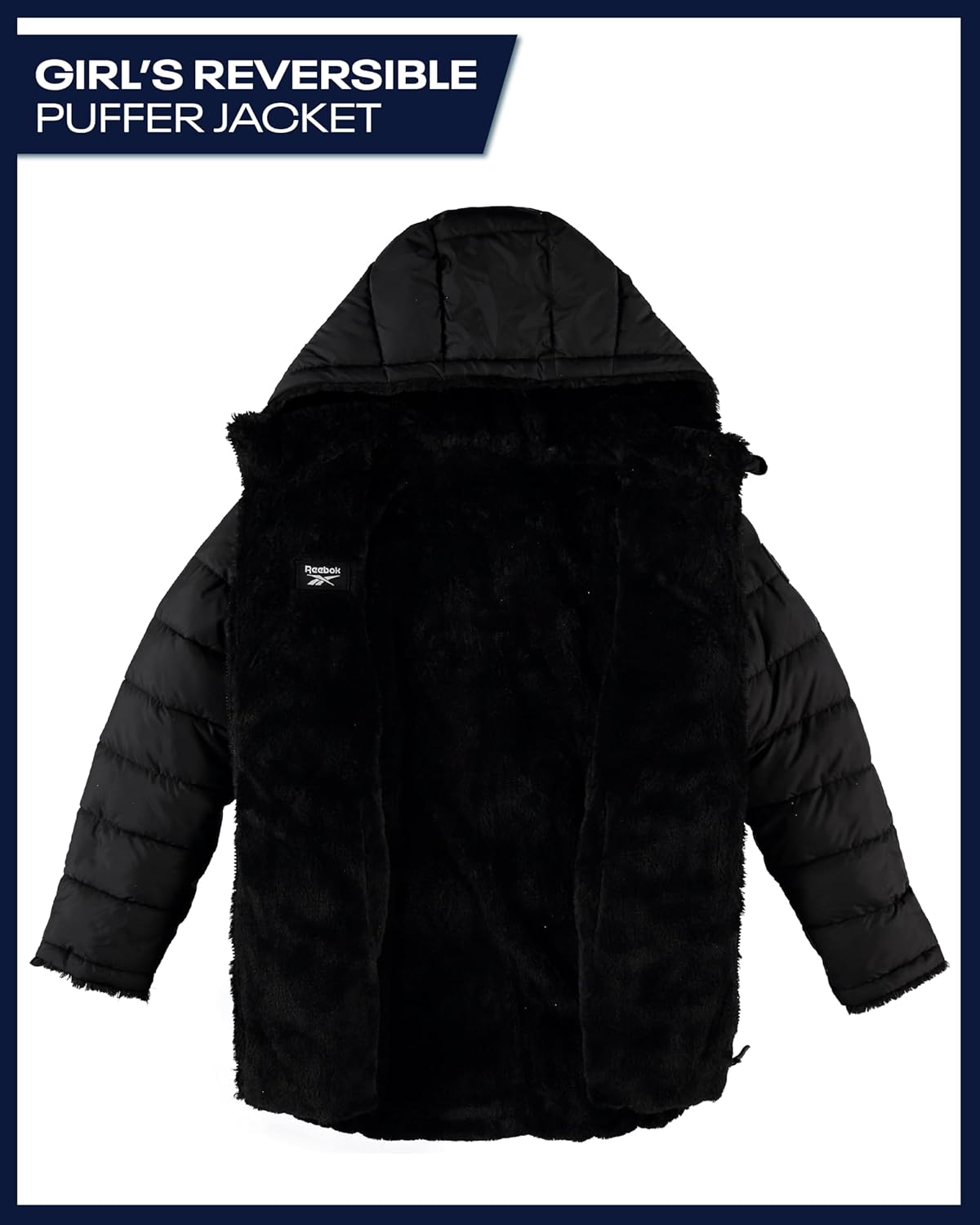 Reebok Girls Puffer Jacket - Reversible Hooded Fur Winter Coat - Wind and Water Resistant Insulated Quilted Jacket for Girls - Image 2