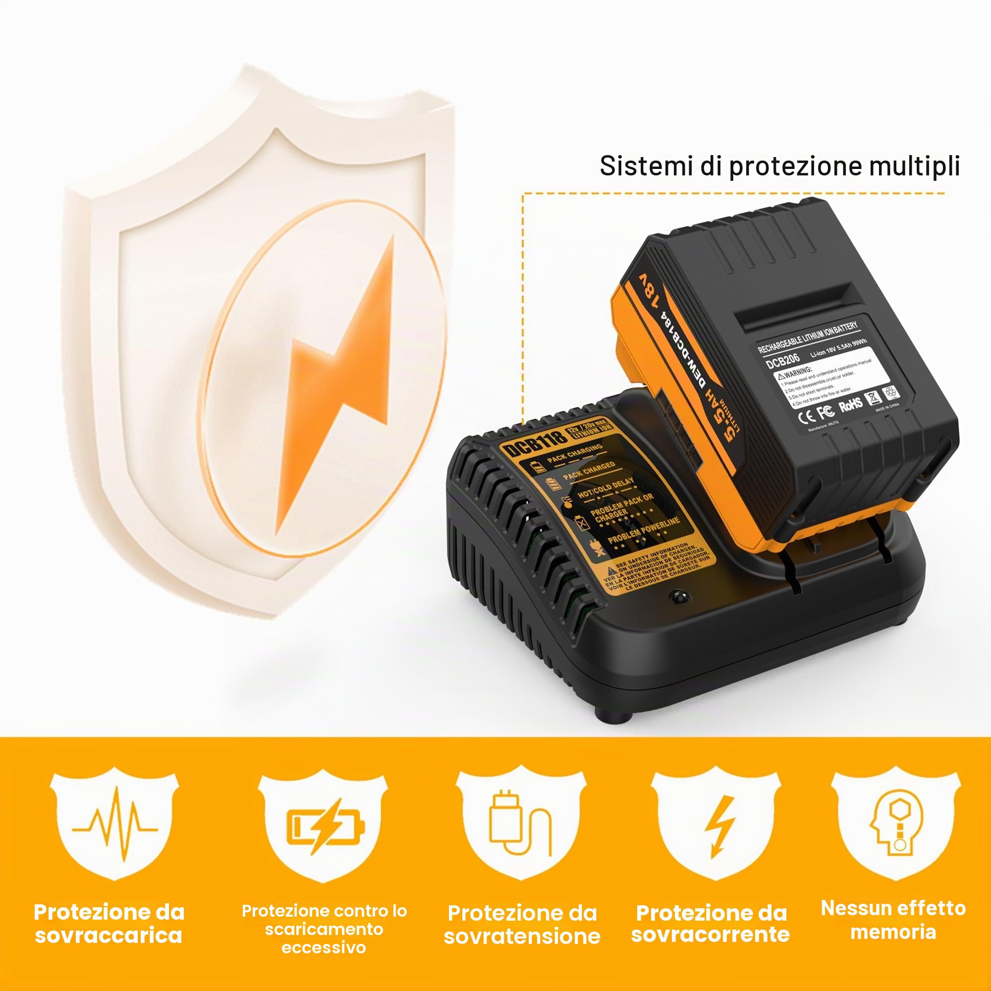 Energup 2 Pezzi 18V 5500mAh Batteria per Dewalt Batteria 18V con Caricabatterie DCB184 DCB180 DCB181 DCB182 DCB183 DCB205