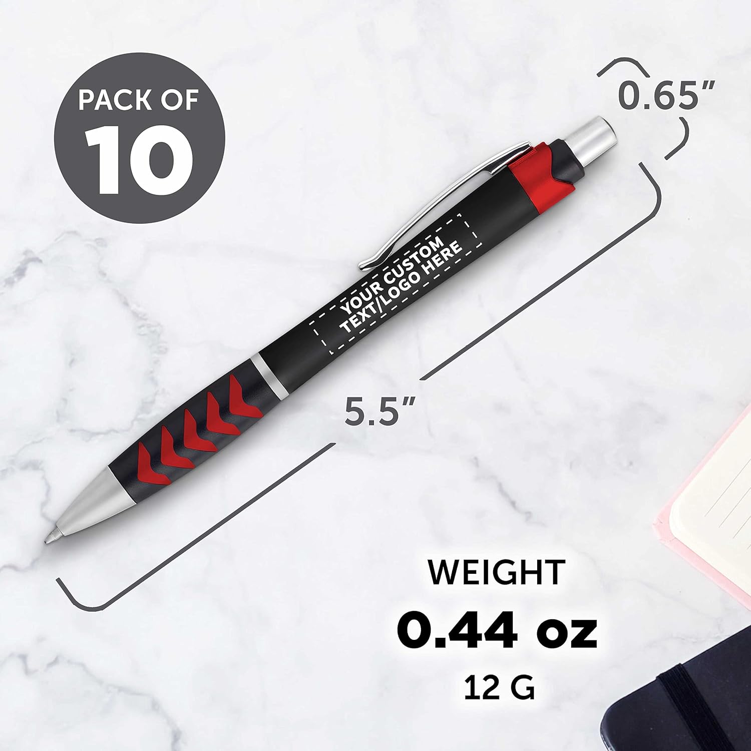 DISCOUNT PROMOS Personalized Racetrack Ballpoint Pens with Metallic Accents - 10 pack - Plastic Pens - Customizable Text, Logo - Red