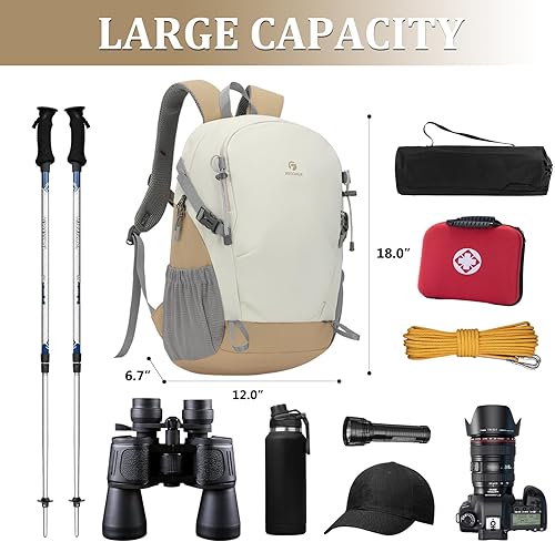 Miniatura 3 de Mochila de senderismo para hombres y mujeres, mochila de viaje ligera de 25 litros para acampar al aire libre, Blanco y marrón, Mochilas Daypack