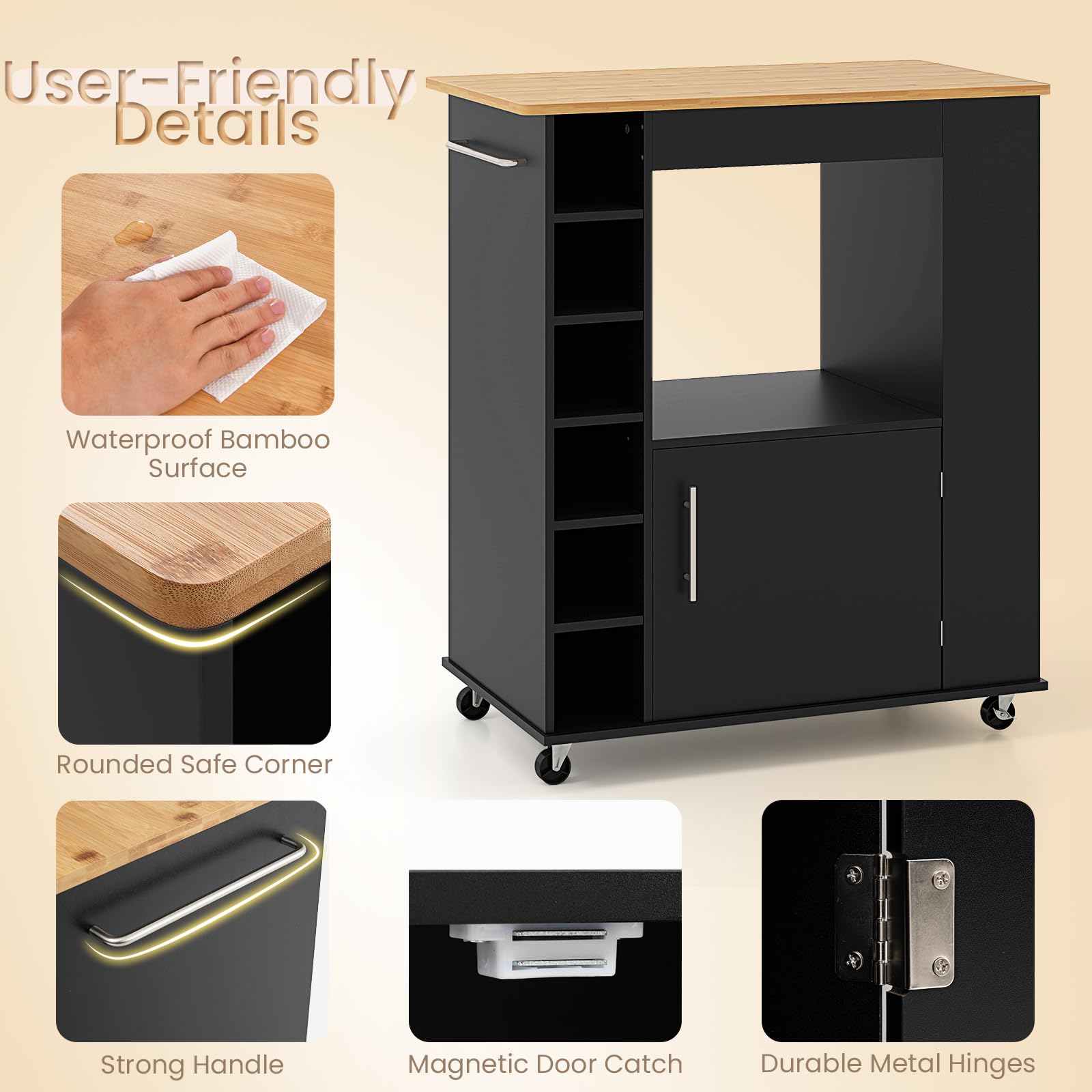 KOMFOTTEU Carrello da Cucina in Legno, Carrello di Servizio con 3 Organizzatori, Impugnatura e 6 Scomparti per vino, Isola da Cucina su Ruote con Piano in Bambù, per Sala da Pranzo, Bar (Nero)