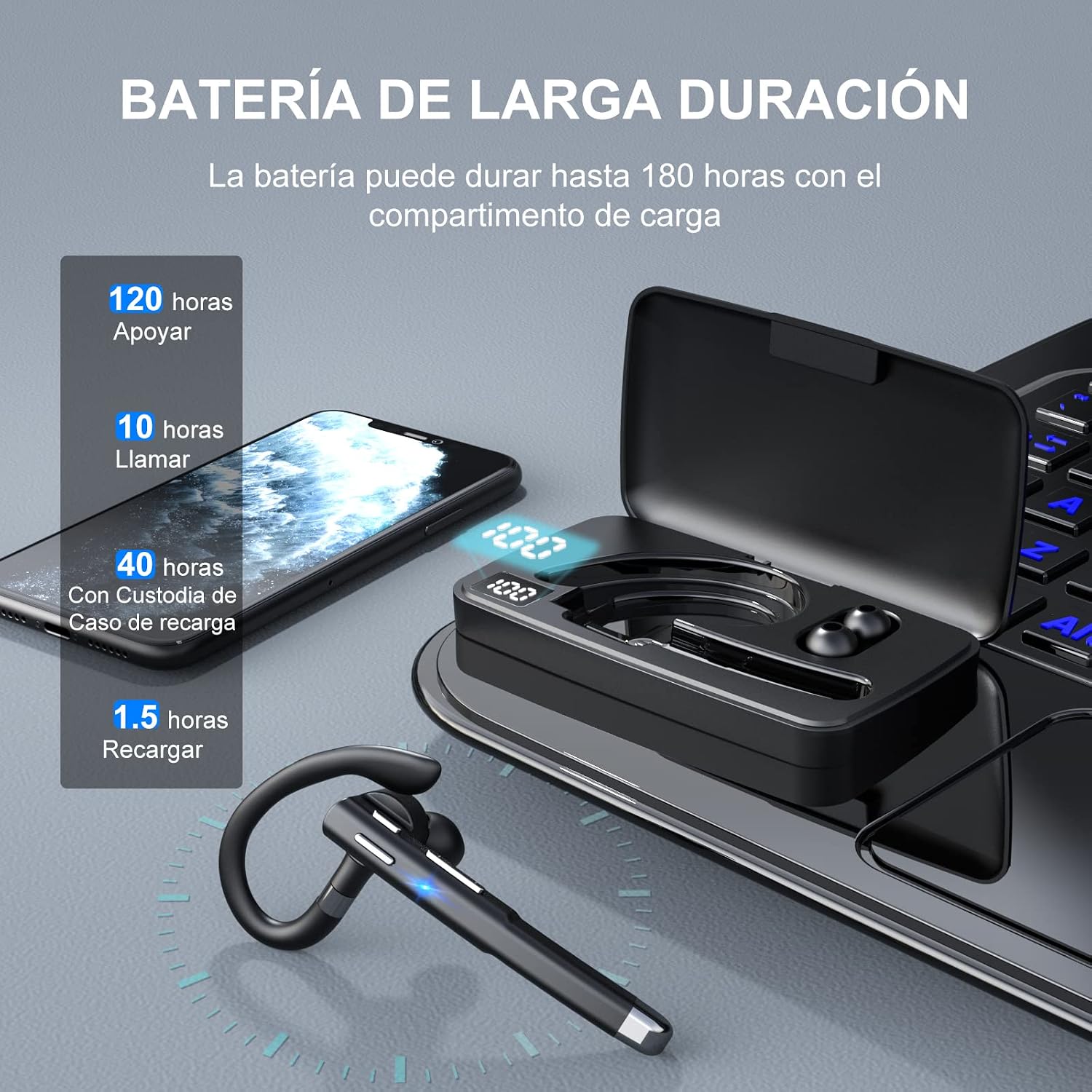 Bluetooth Headset, Bluetooth Earpiece for Cell Phone with Noise Canceling Mic, LED Battery Display Charging Case, Wireless Headset for Driving/Office/Business, Compatible with iPhone and Android