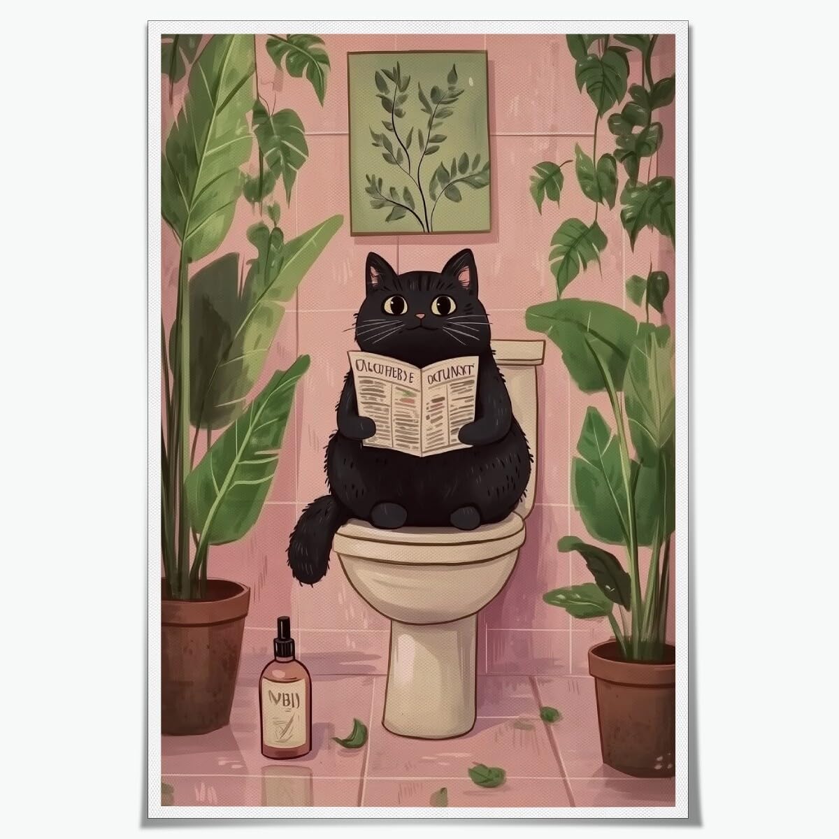 Funny Black Cat Bathroom Wall Art Pink Bathroom Cat Reading on Toilet Poster Humor Animal Signs Posters Paintings Wall Decor for Restroom Aesthetic 8x12inch Unframed