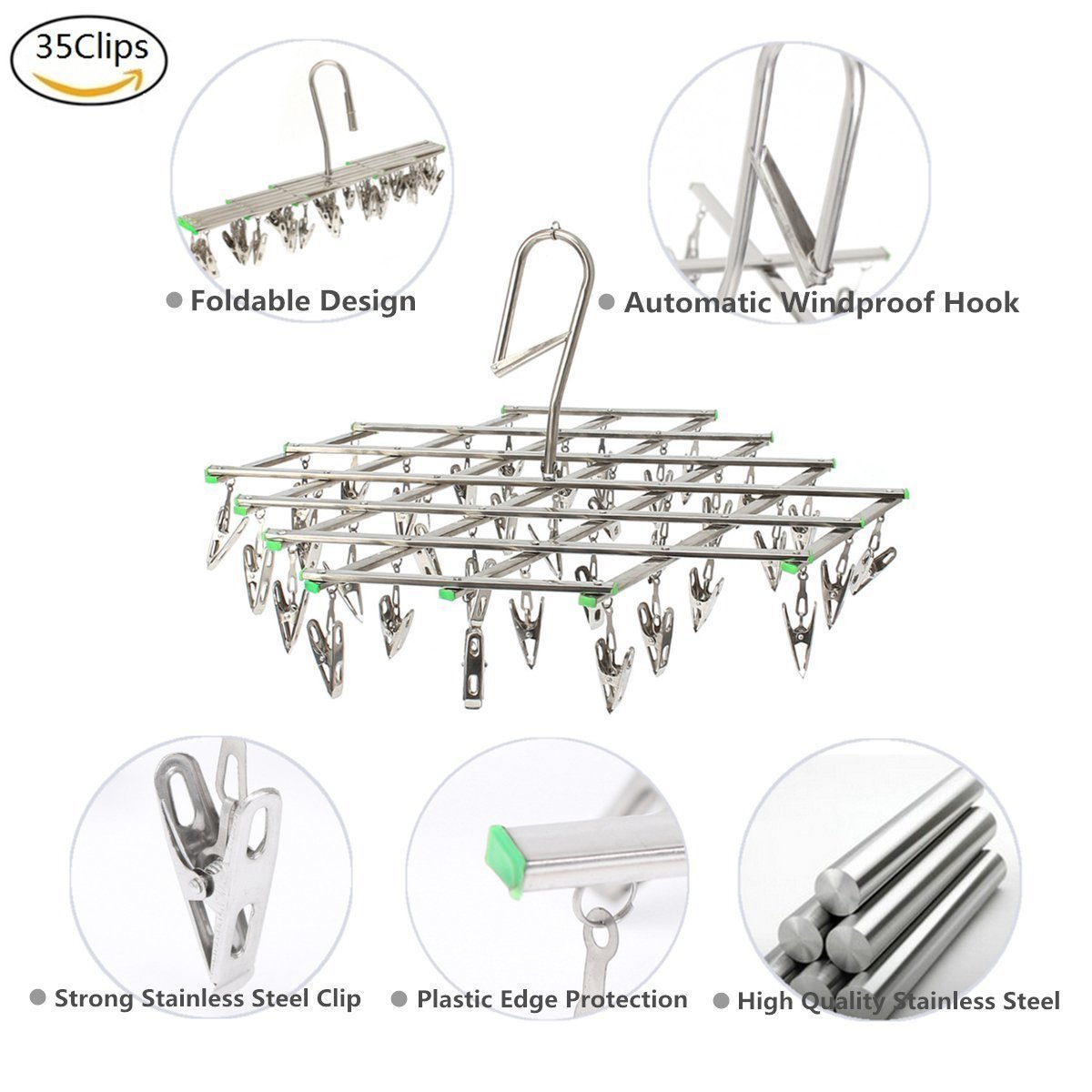 Stendino da appendere in acciaio INOX con 35 clip, per intimo e asciugamani, calze e altro.
