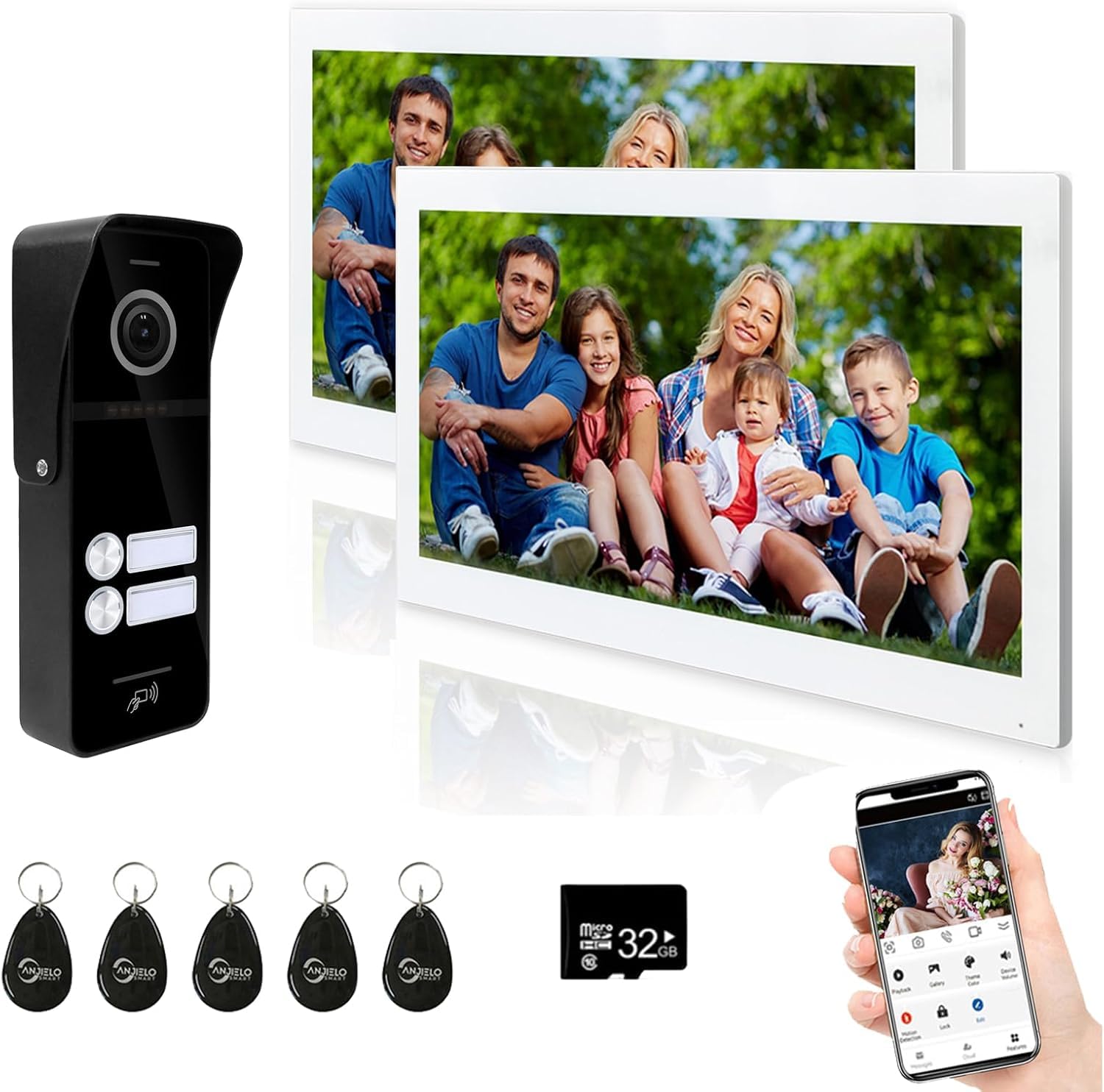 ANJIELO SMART Sistema de videoportero inalámbrico y con cable, 2 unidades de monitor táctil de 10 pulgadas, timbre de video inalámbrico WiFi, desbloqueo 3 en 1, audio de doble vía, blanco y negro