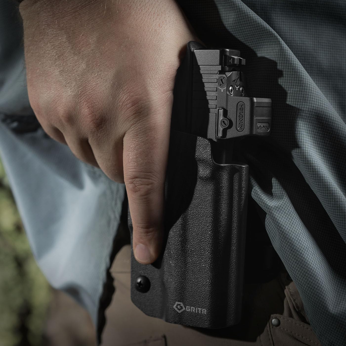 GRITR OWB Kydex Right/Left Hand Gun Holster Compatible with Glock 43X - Optic Cut, Fits Safariland QLS/G-Code RTI Attachments, Adjustable Belt Loops, Open Bottom