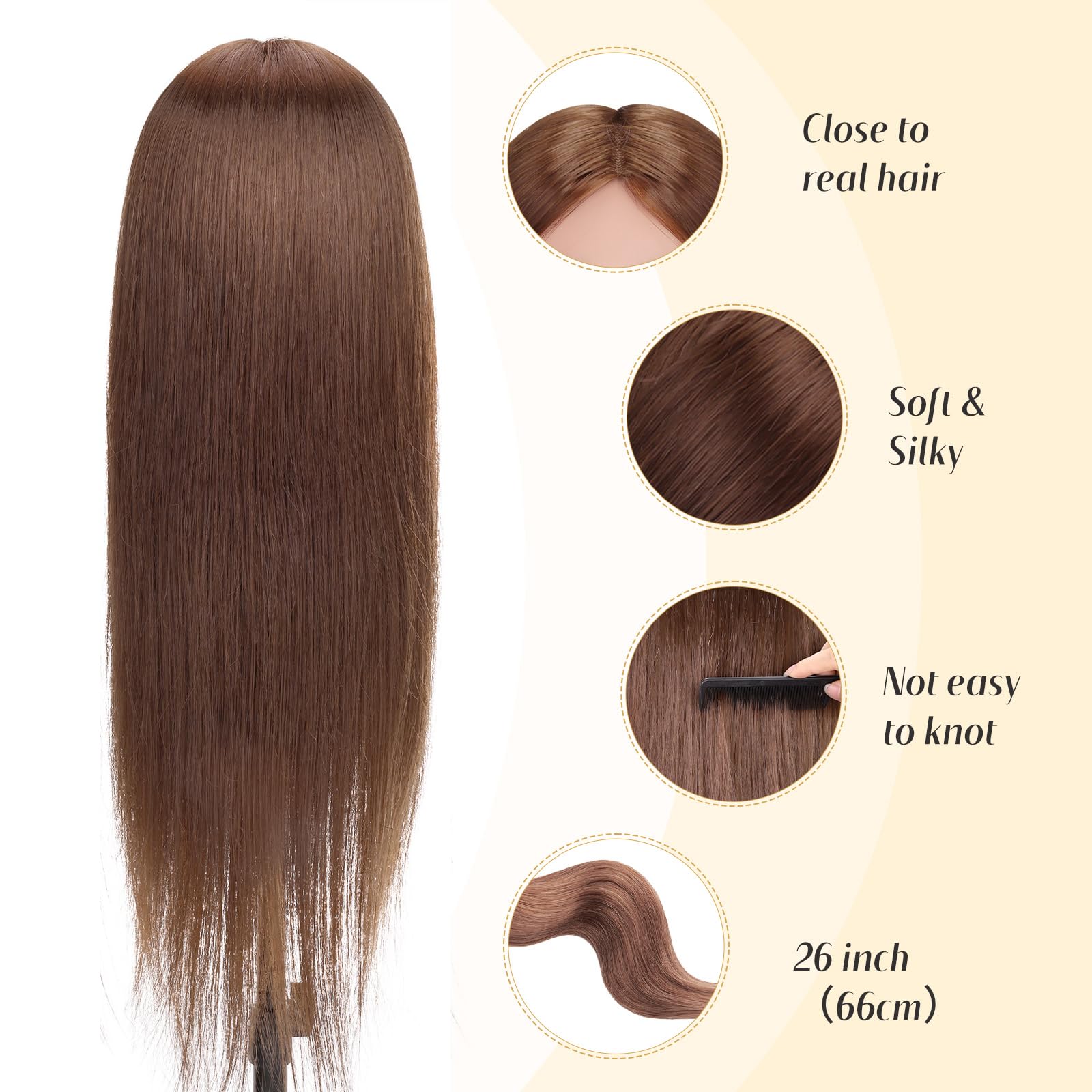 Cabeza de Peluqueria, Yofuly 26inch Cabeza Maniquí, 80% Cabello Humano, Cabeza Práctica Modelo Maniqui de Cosmetología con Abrazadera de Mesa y Juego de Trenzas de Cabello DIY Maniquí (castaño claro) — view 2