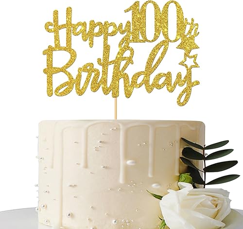 Decoración para pastel de cumpleaños número 100 con purpurina dorada – Decoración para pastel de 100 signos – Suministros de fiesta de felicitación