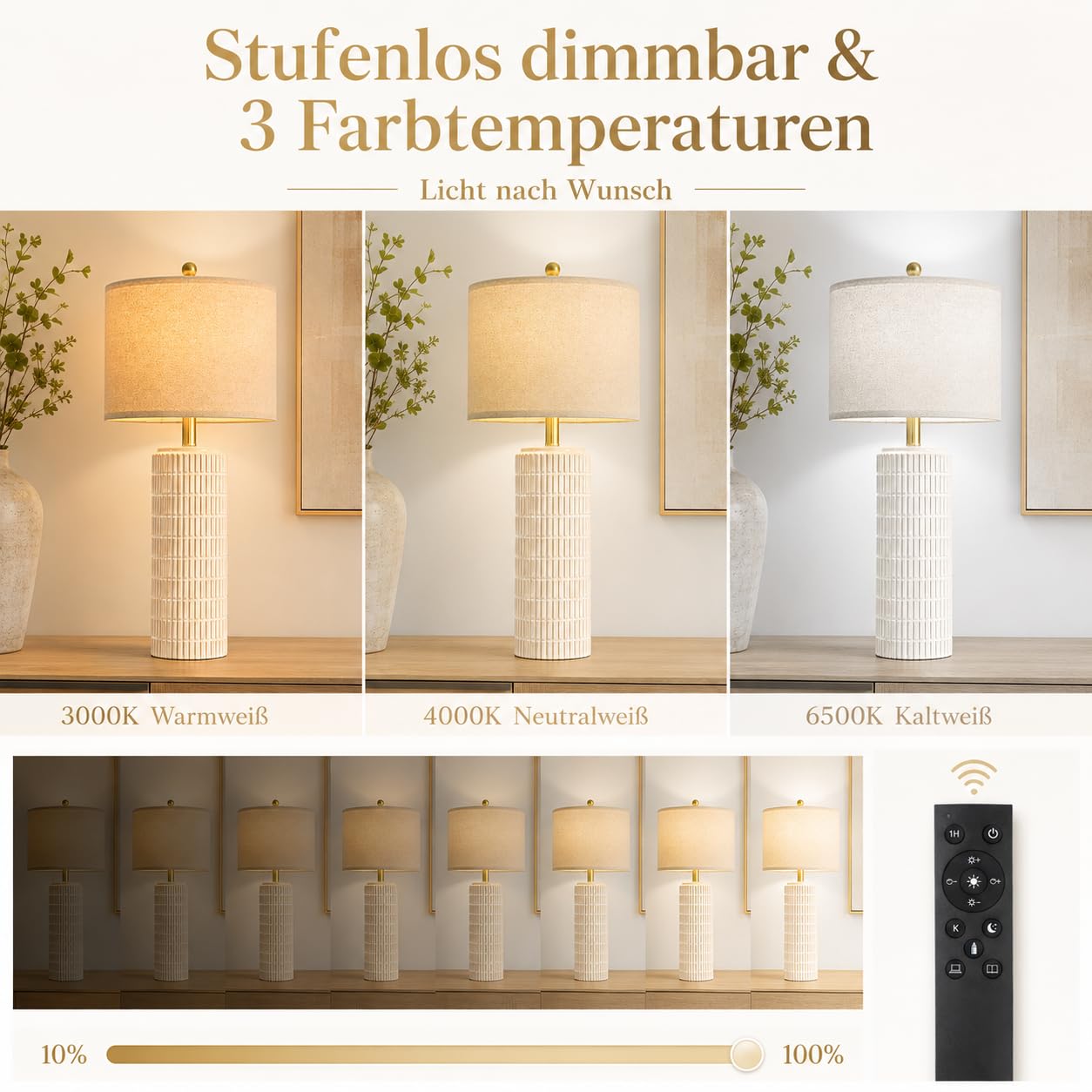 2er Set Tischlampen mit Keramikfuß Leinenschirm, H57cm LED Nachttischlampe mit Timer Speicher Dimmbar 3 Farbtemperaturen, Tischleuchte für Schlafzimmer Wohnzimmer Büro Lese(Inkl. E27-Birnen)