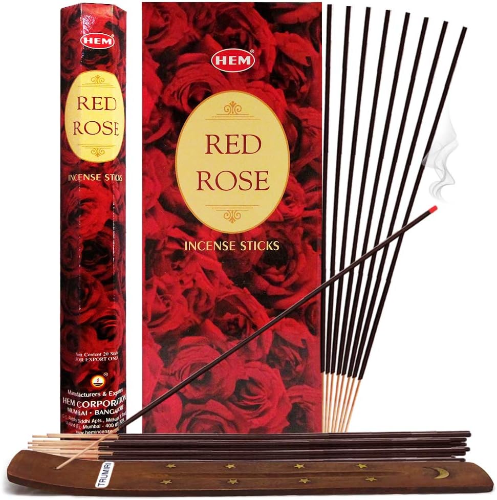 TRUMIRI Red Rose Incense Stick Bundle: 120 Count (6 Packets of 20 Sticks Each) with Trumiri Incense Holder