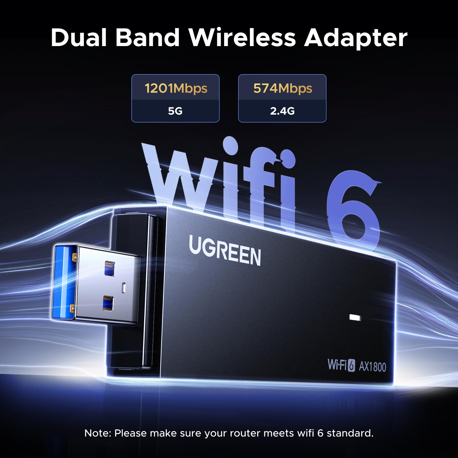 UGREEN Chiavetta USB WiFi 6 AX1800 Potente WiFi USB Doppia Banda 2.4/5GHz | Rete Modalità Soft AP Cifratura WPA3, Driver Integrato, per PC Laptop, Compatibile Windows 11 10