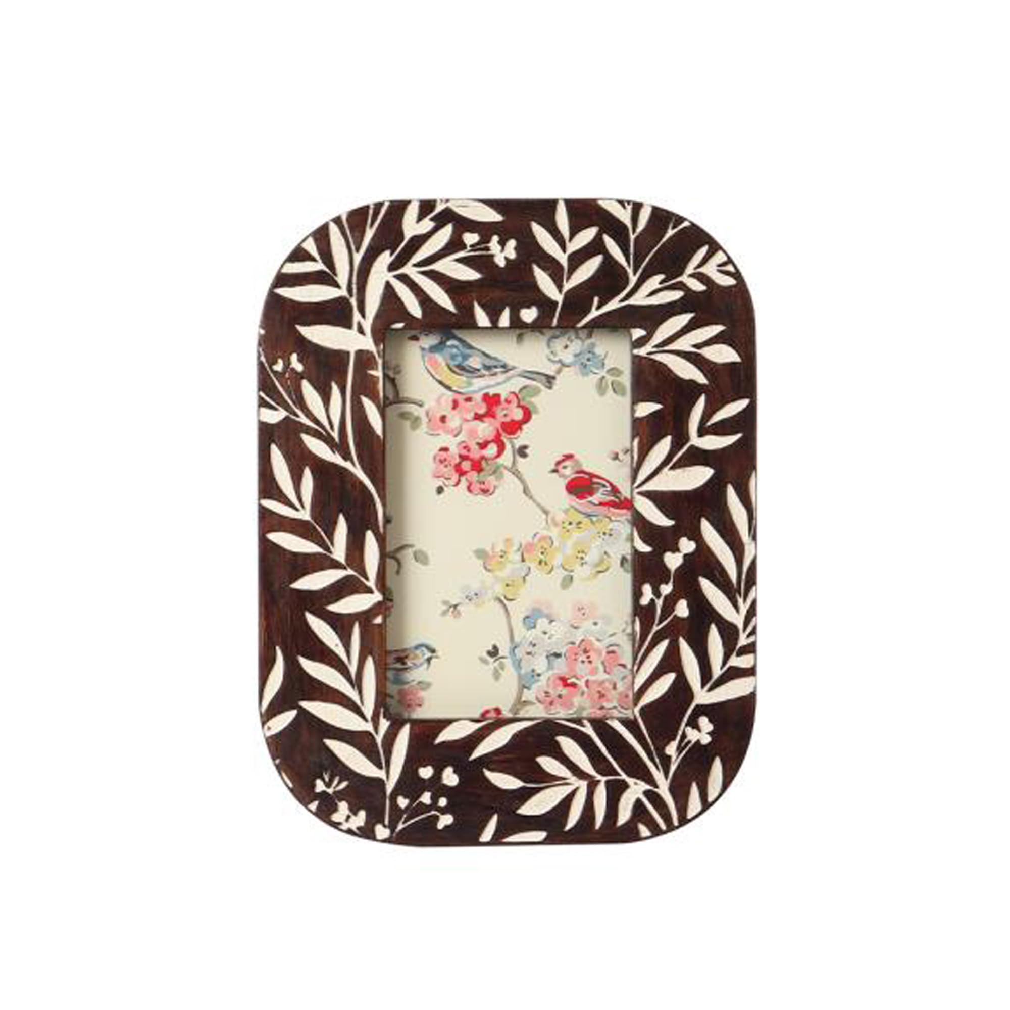 IHI EST. 1986 Walnut and White Botanical Photo Frame, 4 x 6 Inch Picture Frame with Floral Vine Inlay Design, Decorative Tabletop Frame for Home Office Décor, Nature Inspired Photo Display