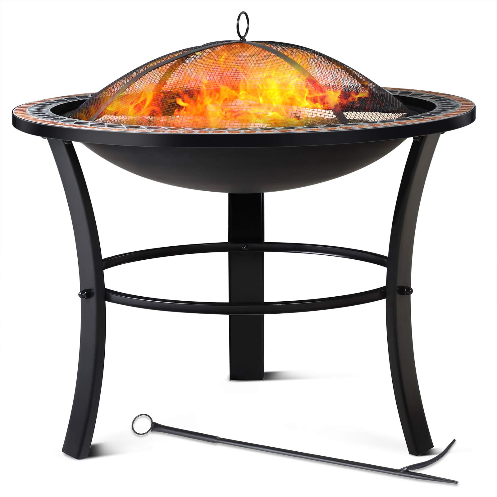 Brasero Rond Sevilla Ø 76 cm Acier laqué Pierres mosaïque Accessoires Couvercle Jardin terrasse feu Bois Charbon briquette Barbecue