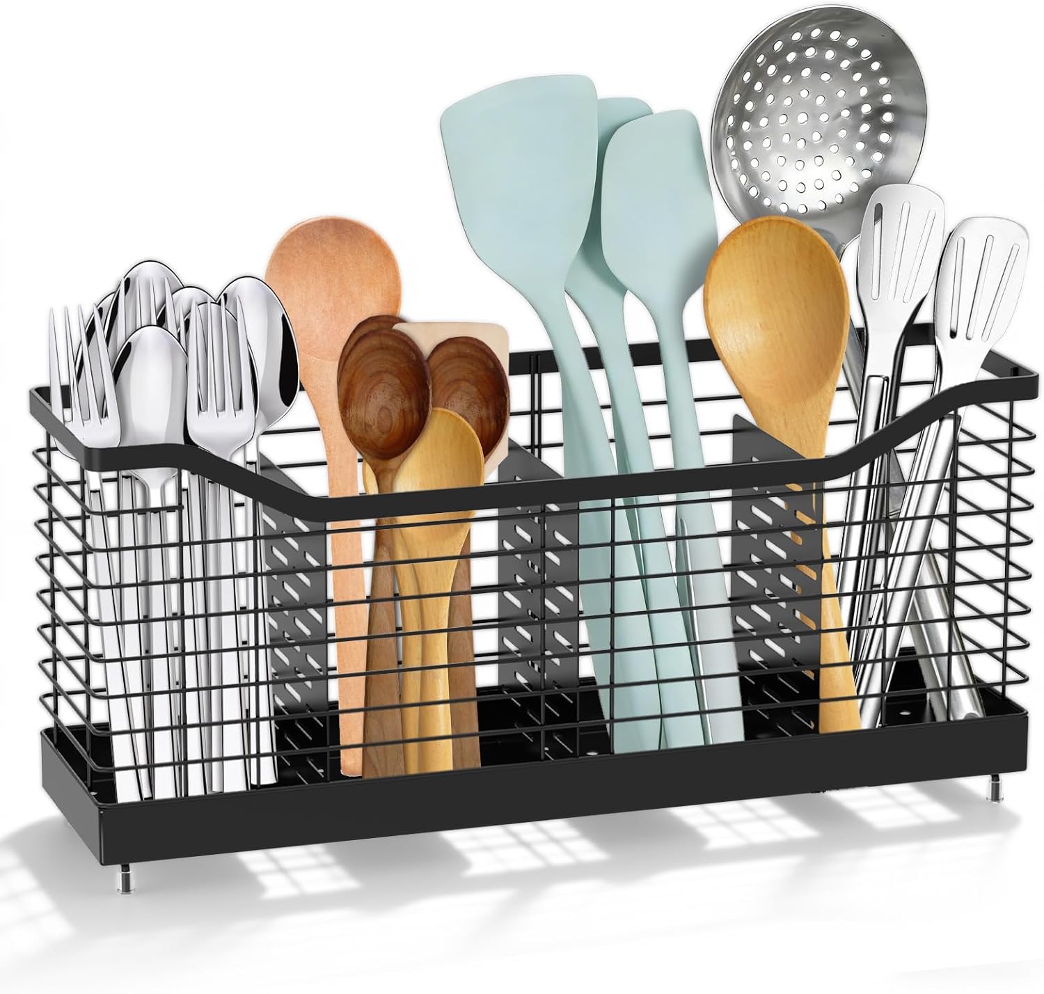 Metal Extra Large Utensil Holder for Kitchen Counter,4-Compartment Utensil Drying Rack Cooking Utensil Holder Organizer Cutlery Spatula Fork Drainage Storage for Countertop Sink,15.8" x 4.4" x 7.4"