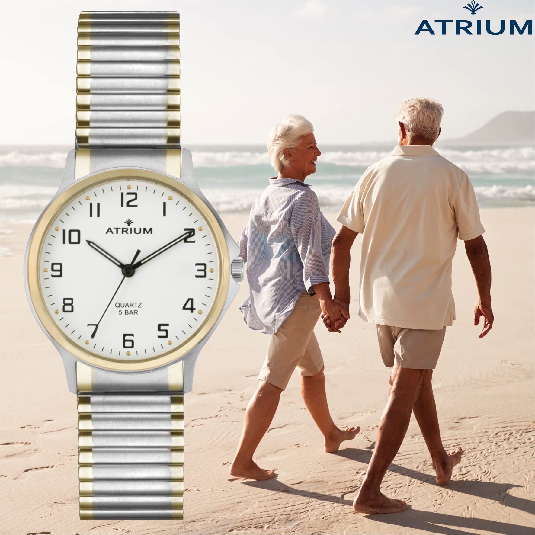 Atrium Damenuhr Zugband mit Leuchtzeigern Analog Quarz Edelstahl matt und poliertem goldfarbenen Rand 5 bar Flexband Bicolor A13-64