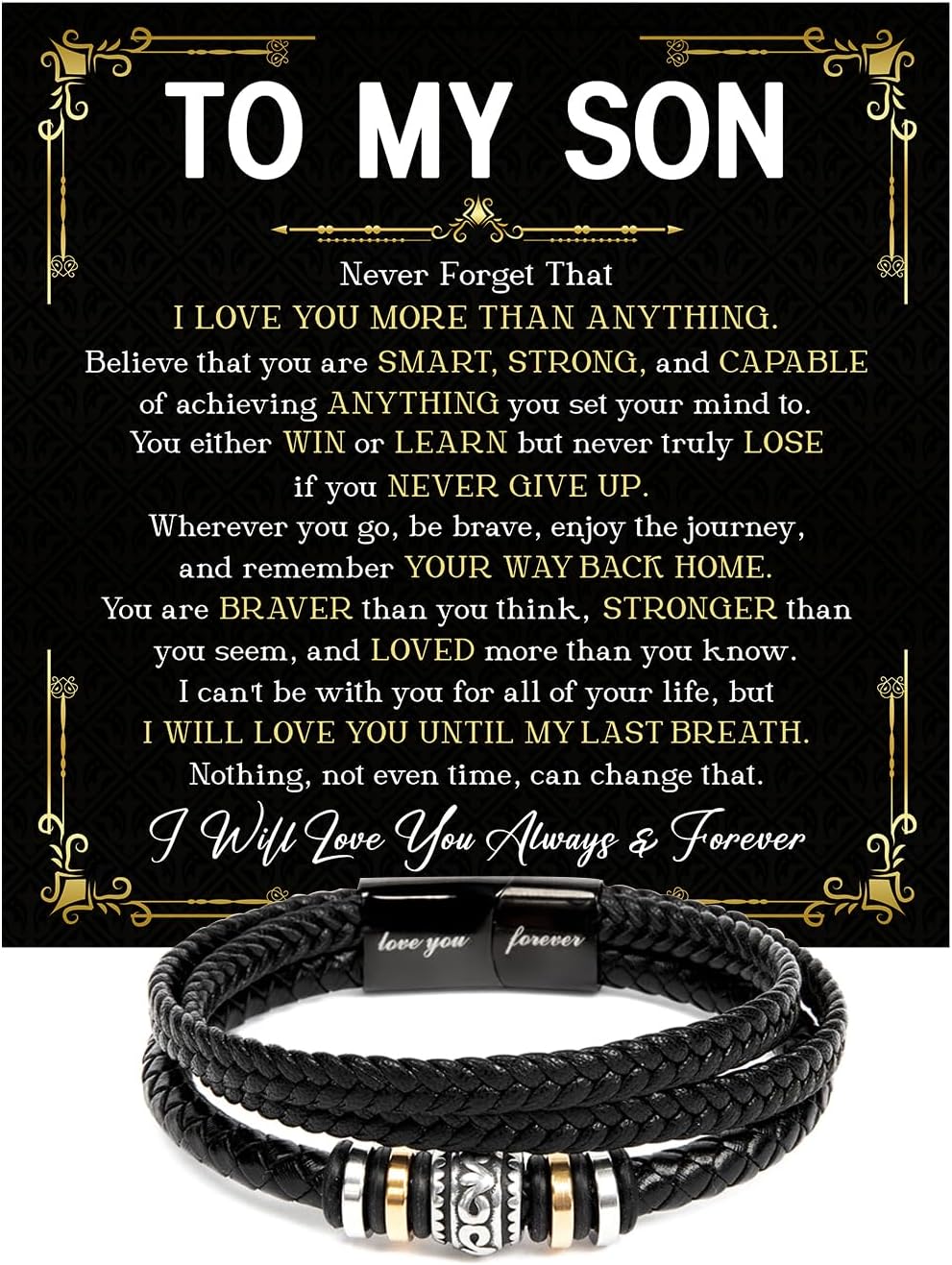 Bracelet To My Son – Braided Leather Bracelet From Father & Mother With Heartfelt Message & Elegant Box, Love You Forever – Always By Your Side, Gift Son For Christmas, Graduation, Birthday