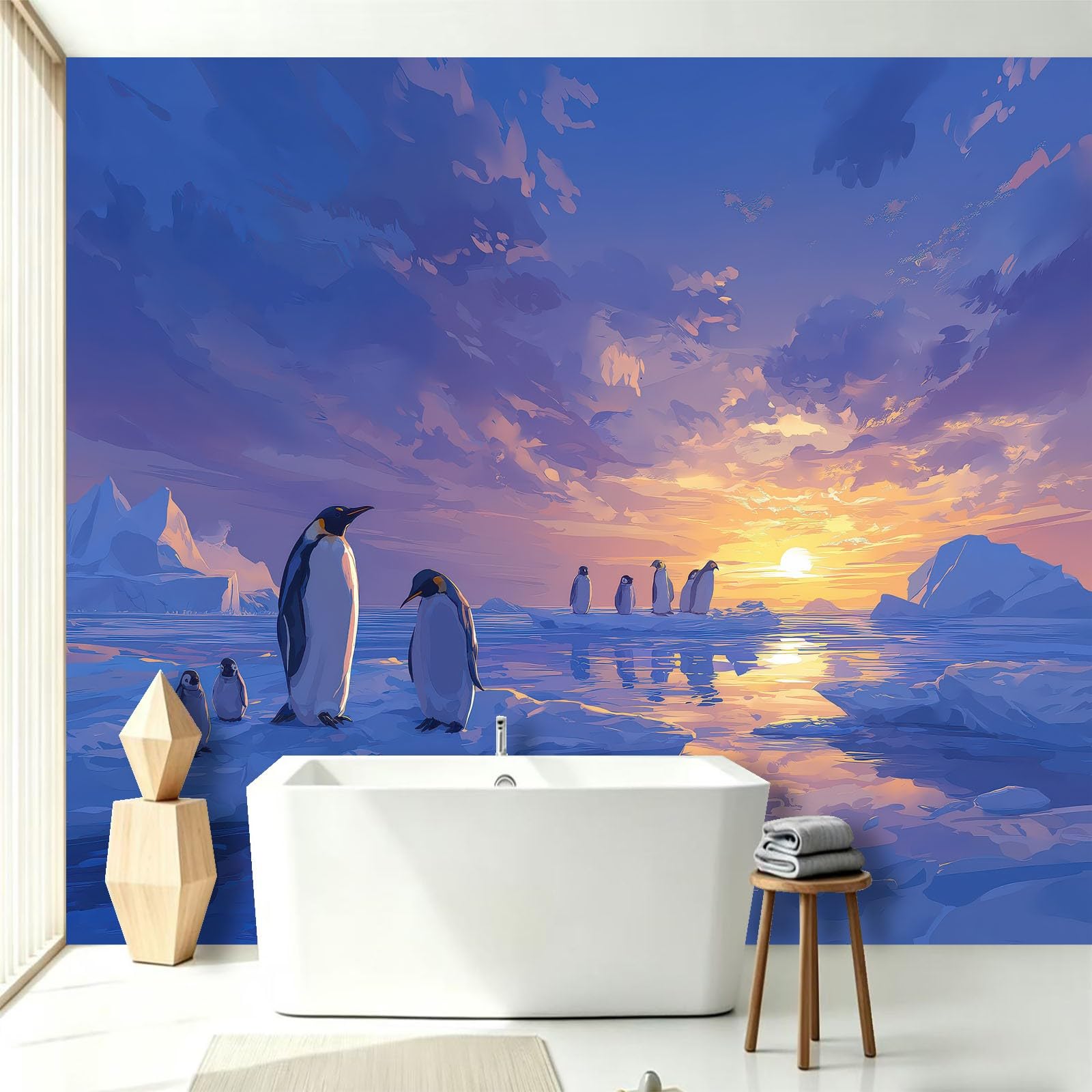 Générique Papier Peint Panoramique Photographie Animal Paysage 350x256 cm - Décoration Pingouin Scène Neige Surface Glace - Tapisserie Murales Papier Peint Intissé pour Chambre Salon - Photo Muraux