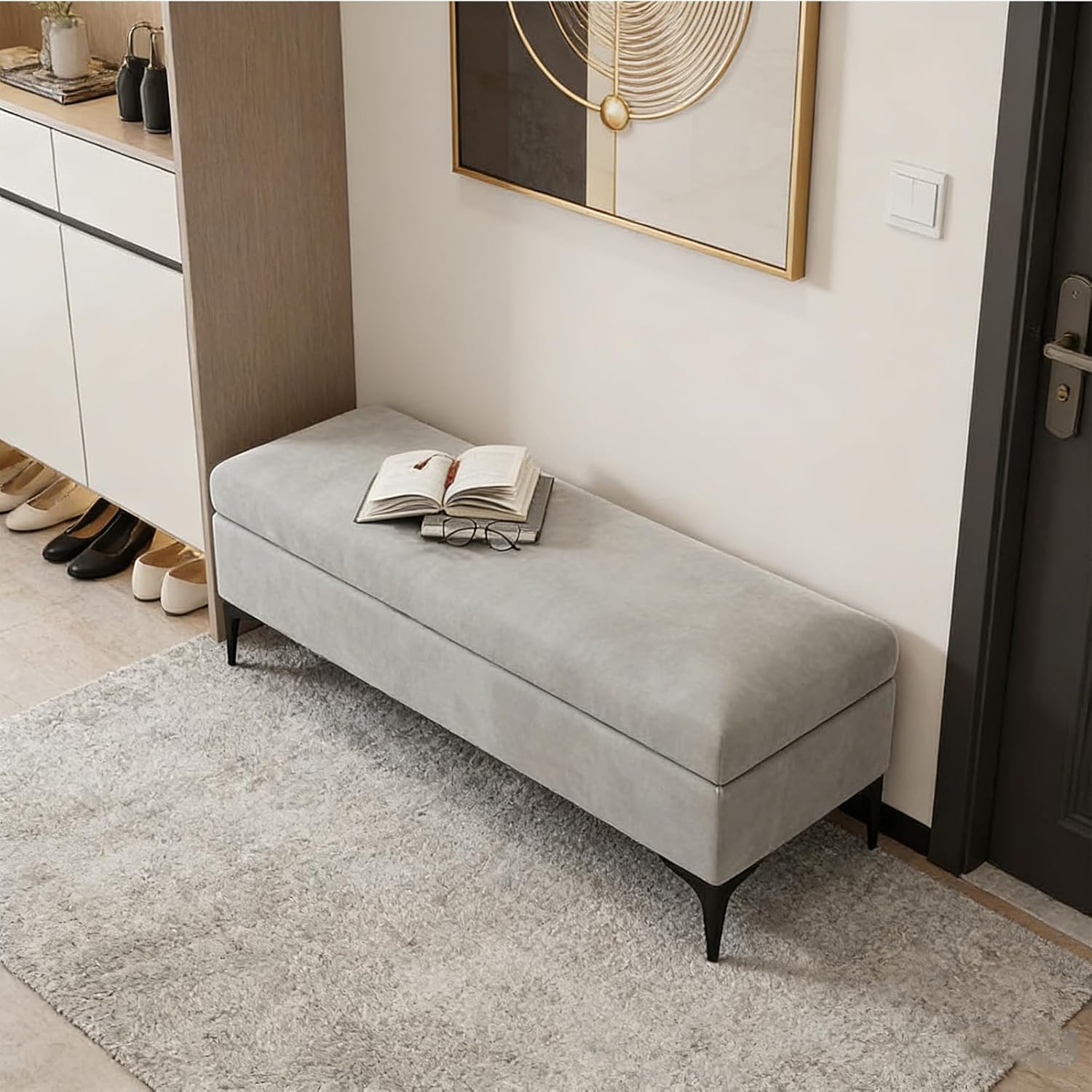 Velvet Storage Ottoman Bench, Upholstered Flip Top Entryway Bench with Metal Legs, Large Capacity Storage Bench for Bedroom, Living Room, Entryway, Brown-39.3" Wx15.7 Dx17.7 H