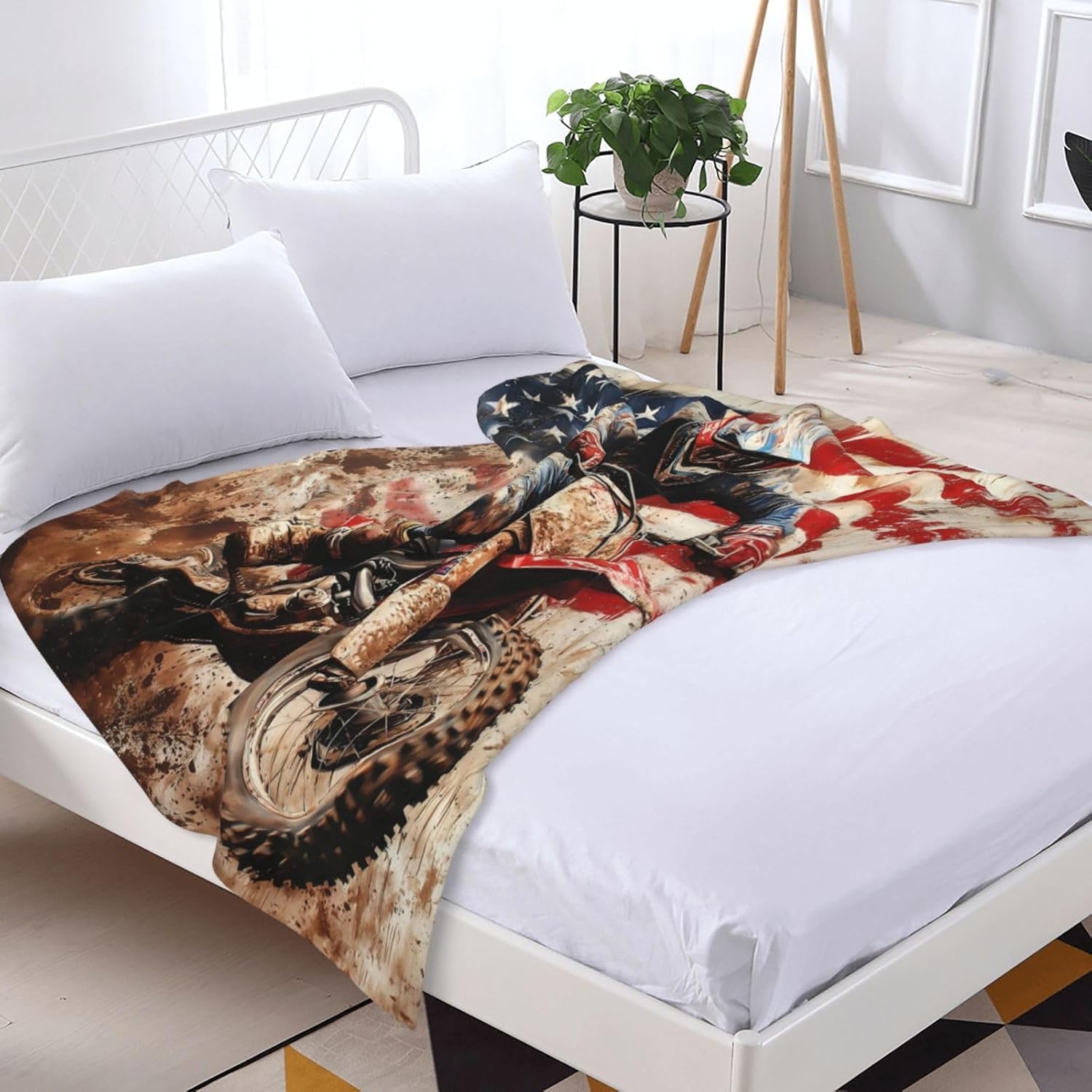 Vintage Dirt Bike Blanket Gifts for Women Men Adults, American Flag Motorcycle Themed Throw Blankets, Soft Cozy Lightweight Dirt Bike Plush Throws for Living Room Sofa Couch Home Decor 60x80in