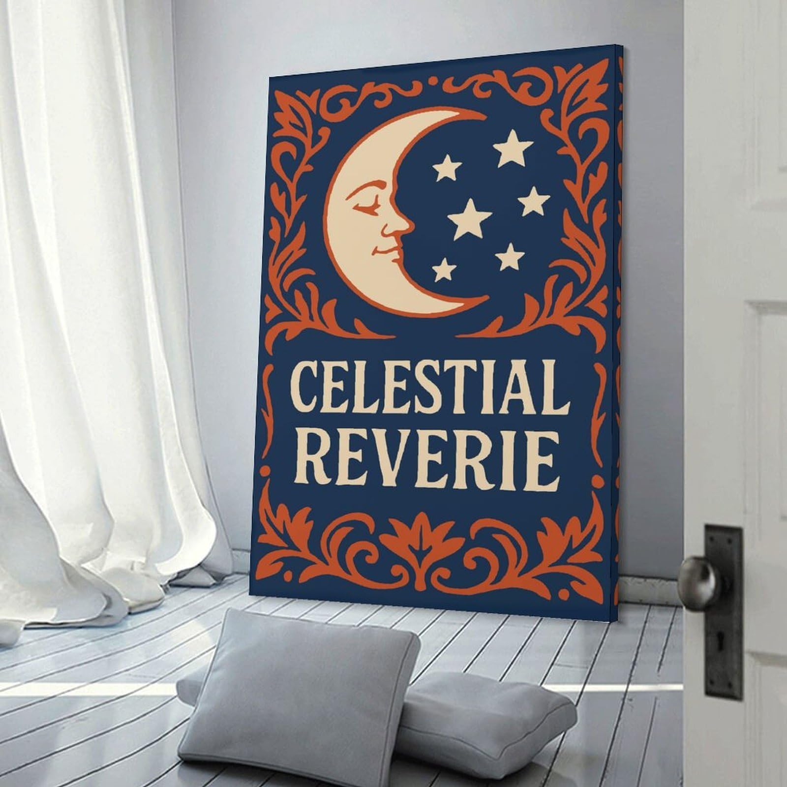 Junmoney Frame-Style-11 Celestial Reverie Moon And Stars Art Wall Picture Print 24X36inch(60X90cm), For Entryway, Lounge Links Or Small Walls, Decorative Wall Art For Narrow Spaces