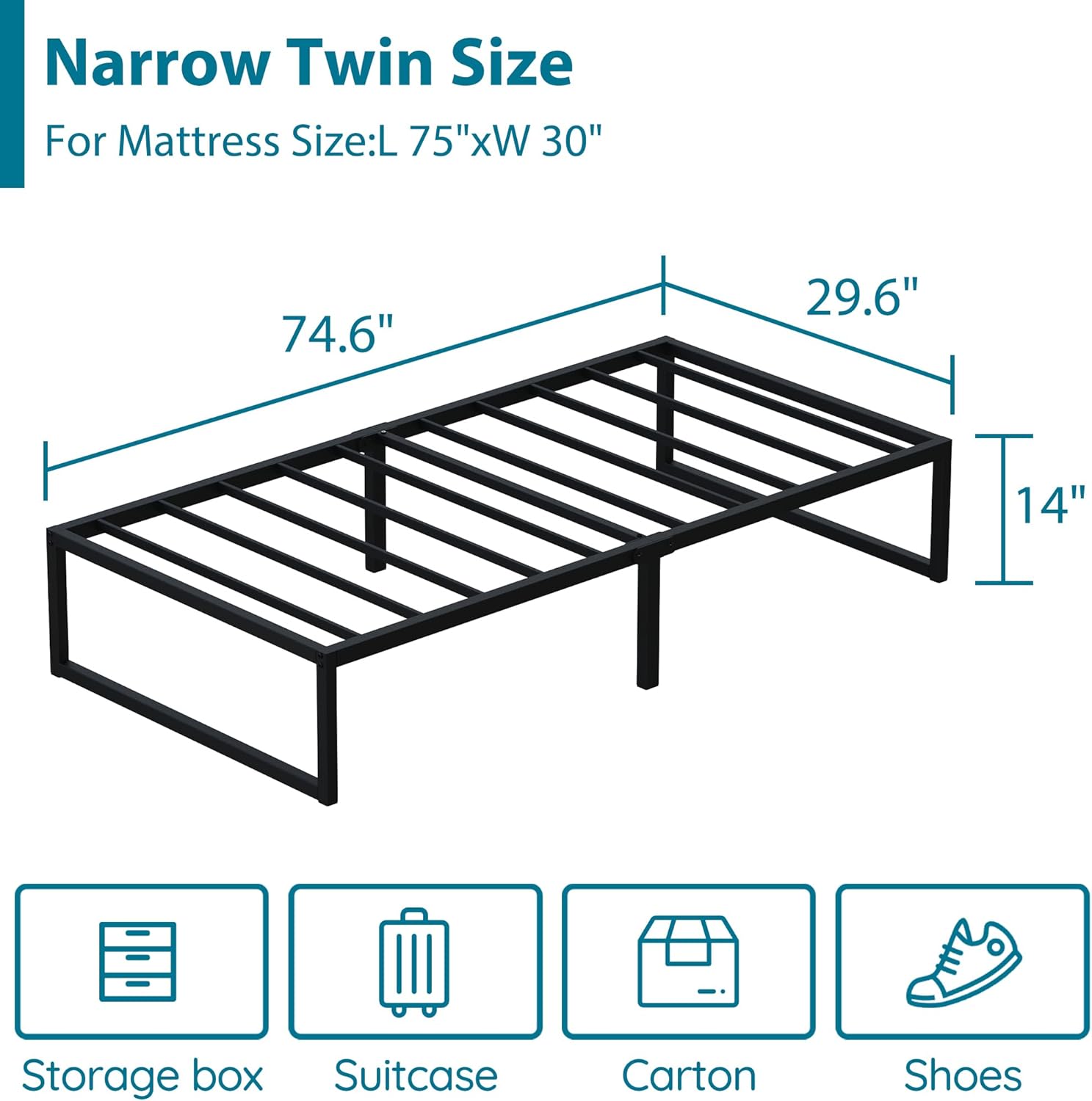 emoda 14 inch narrow twin bed frame 30x75, heavy duty metal platform no box spring needed, easy assembly noise free, black narrow twin 14 inch black