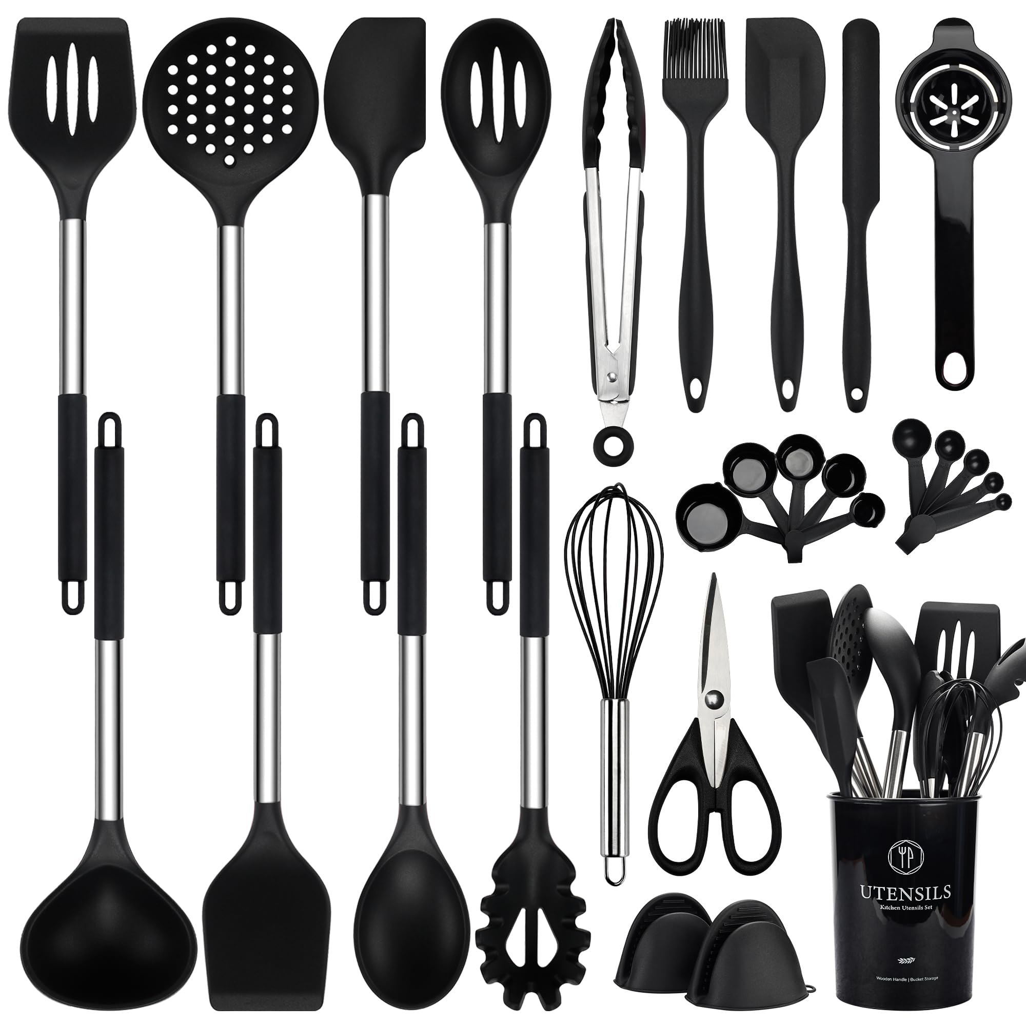 NCUE Cooking Utensils Set, 28 Pcs Silicone Kitchen Utensils Set with Holder, Silicone Whisk, Spatulas, Scissors, Measuring Cups and Spoons Set with Stainless Steel Handle Kitchen Gadgets (Black)