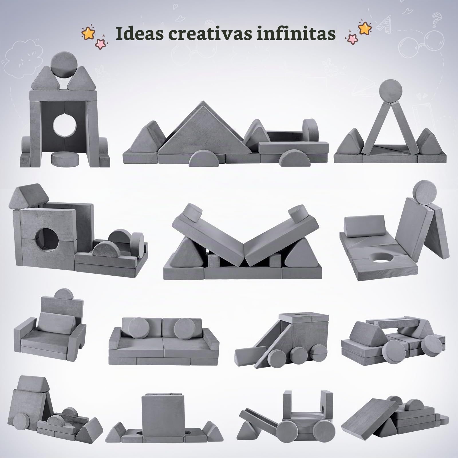 Sofá para niños, Juego de sofás para niños de 14 Piezas, Bloques de construcción de Espuma apilables, sofá de Juegos para niños para Zona de Dormir y Sala de Juegos (Gris)