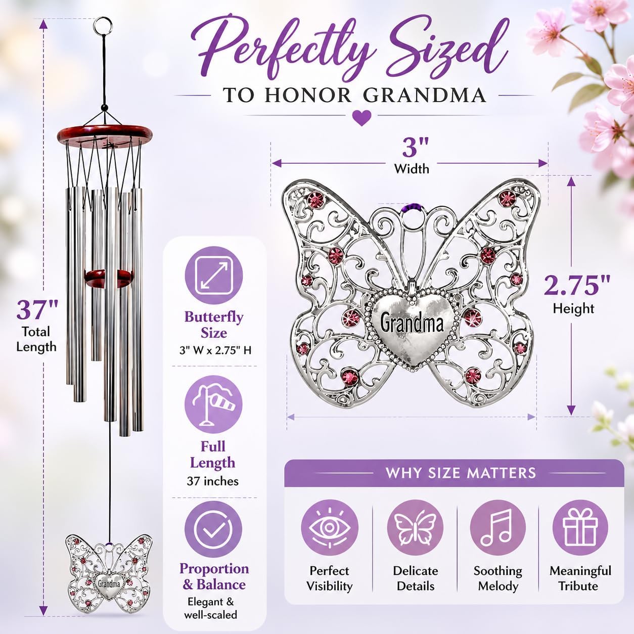 Grandma Butterfly Wind Chimes – Memorial Wind Chime for Grandma – Wood Windchime with Silver Filigree Butterfly & Purple Rhinestones – Sympathy Gift, Garden or Porch Décor – 37”L